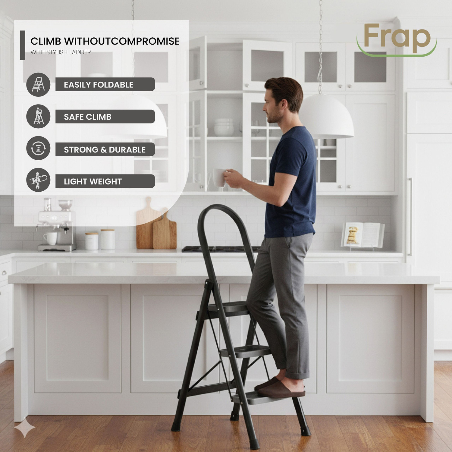 Image of Frap Foldable 3-Step Steel Ladder with Hand Grip & Anti-Slip Wide Steps - Durable Steel Ladder