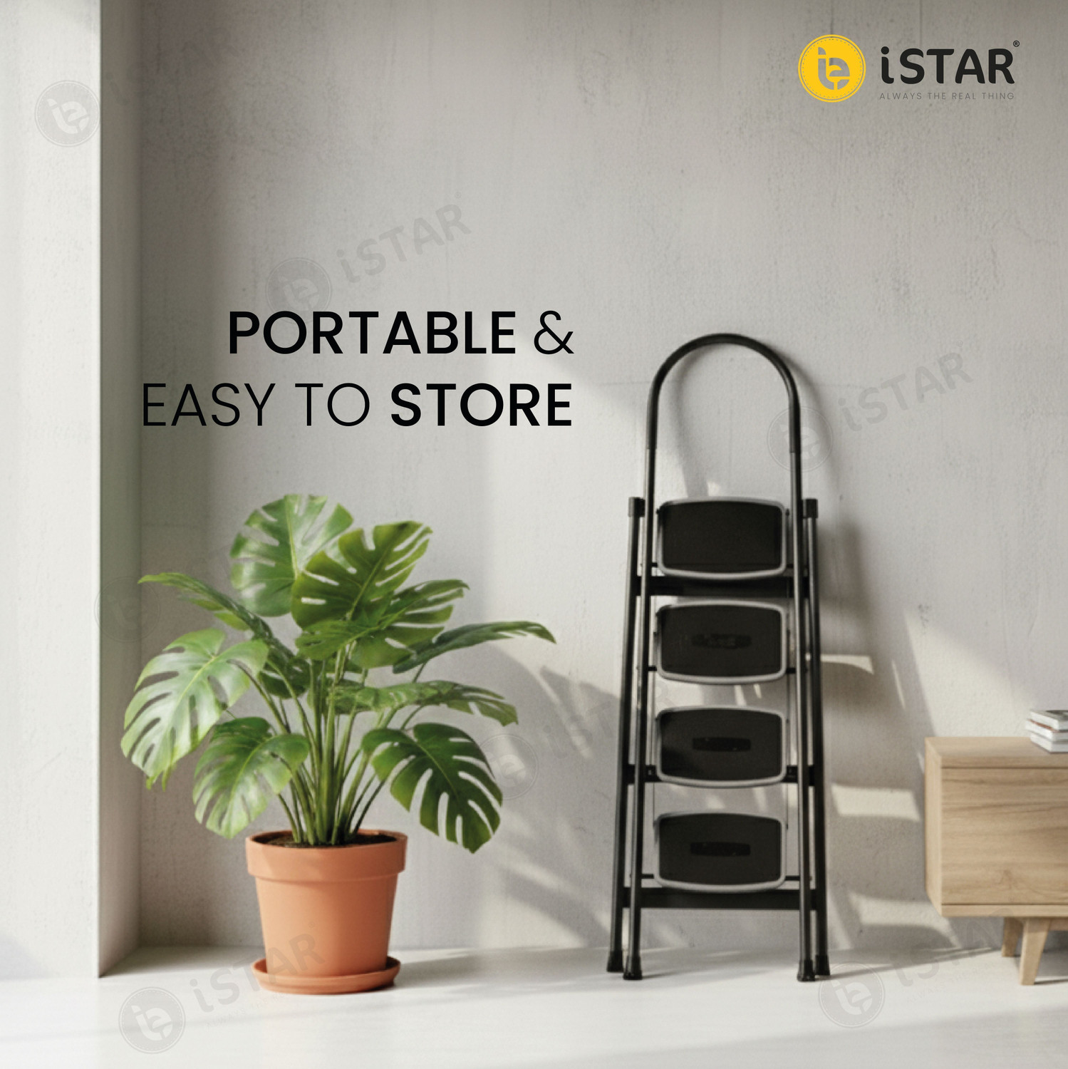 Image of iSTAR Foldable 4-Step Steel Ladder with Hand Grip & Anti-Slip Wide Steps - Durable Steel Ladder