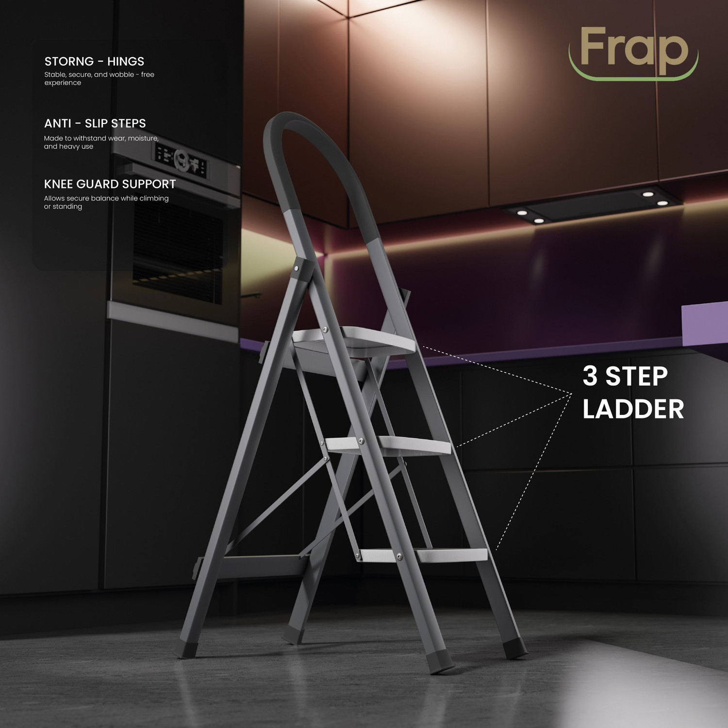 Image of Frap Foldable 3-Step Steel Ladder with Hand Grip & Anti-Slip Wide Steps - Durable Steel Ladder