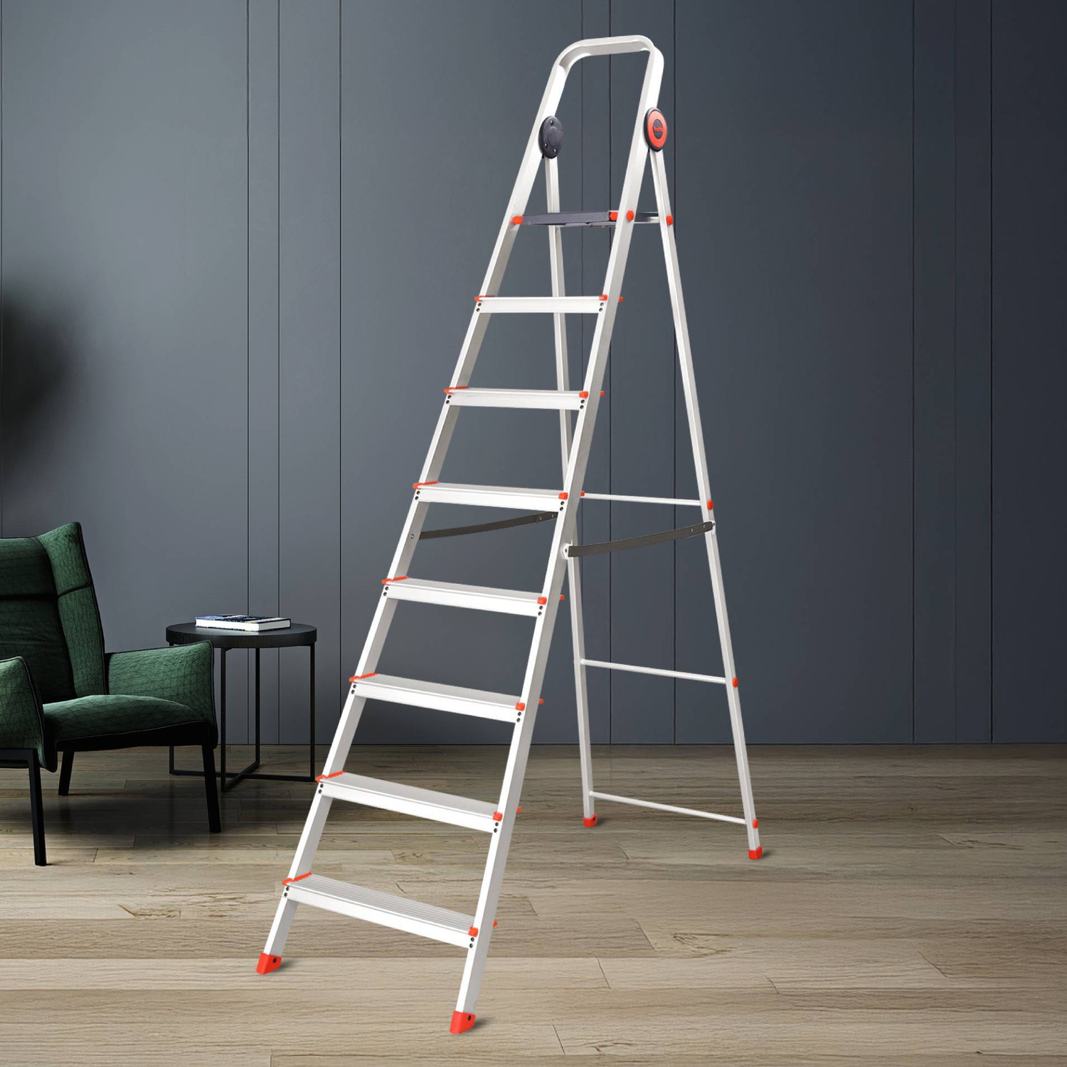Image of Bathla Advance Pro 8-Step Foldable Aluminium Ladder for Home | Orange | 7-Year Warranty Aluminium Ladder