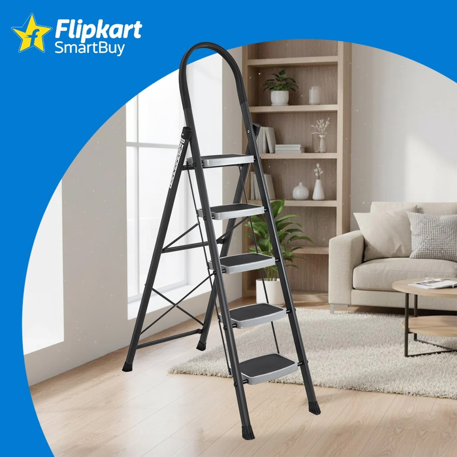 Image of Flipkart SmartBuy Flipkart SmartBuy Anti-Skid Strong Foldable Wide 5 Step Ladder for Home-Grey Steel Ladder