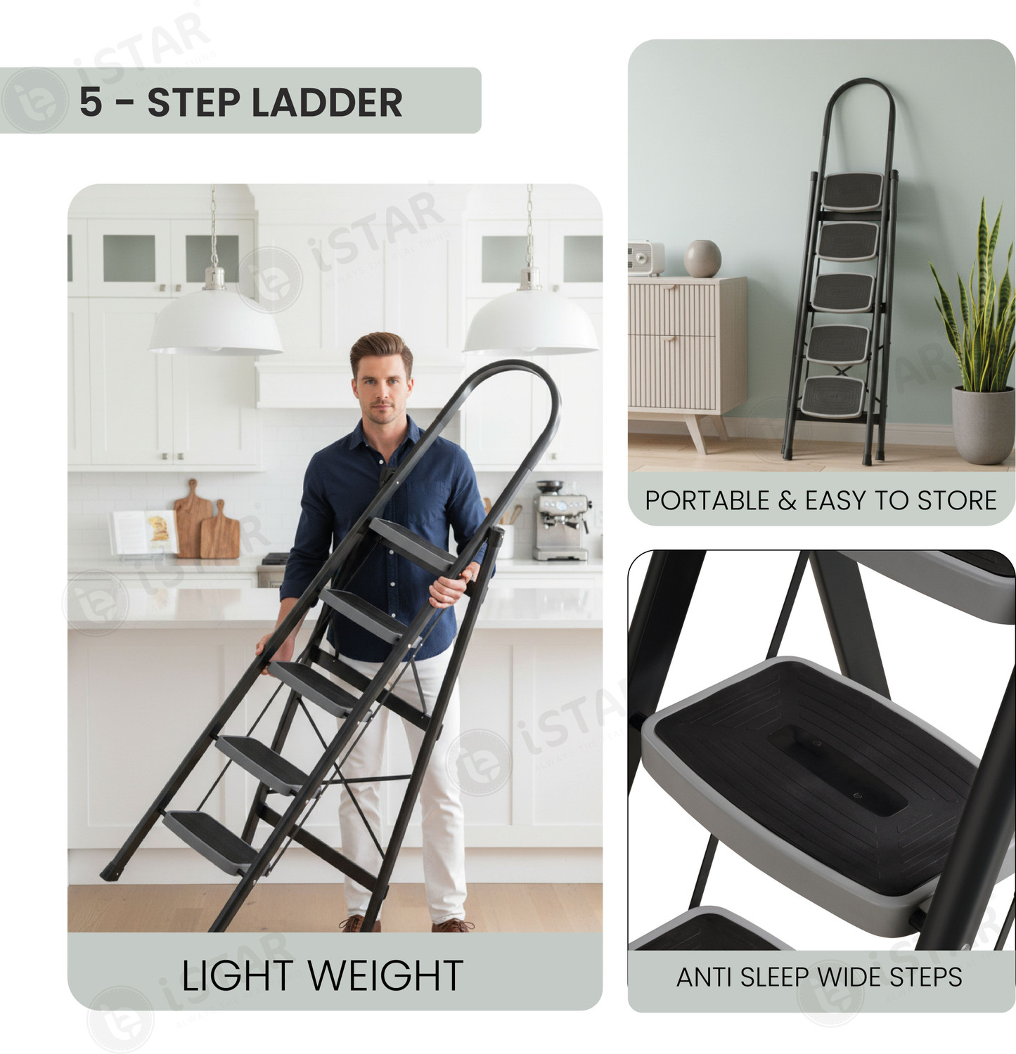 Image of iSTAR Foldable 5-Step Steel Ladder with Hand Grip & Anti-Slip Wide Steps - Durable Steel Ladder