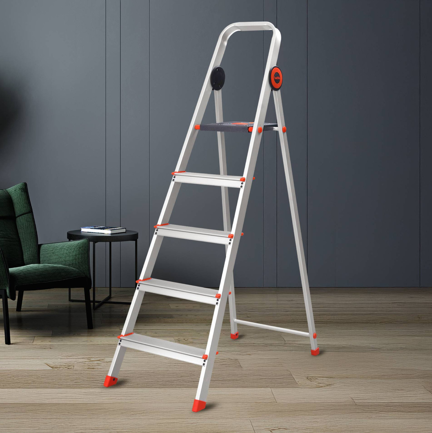 Image of Bathla Advance Pro 5-Step Foldable Aluminium Ladder for Home | Orange | 7-Year Warranty Aluminium Ladder