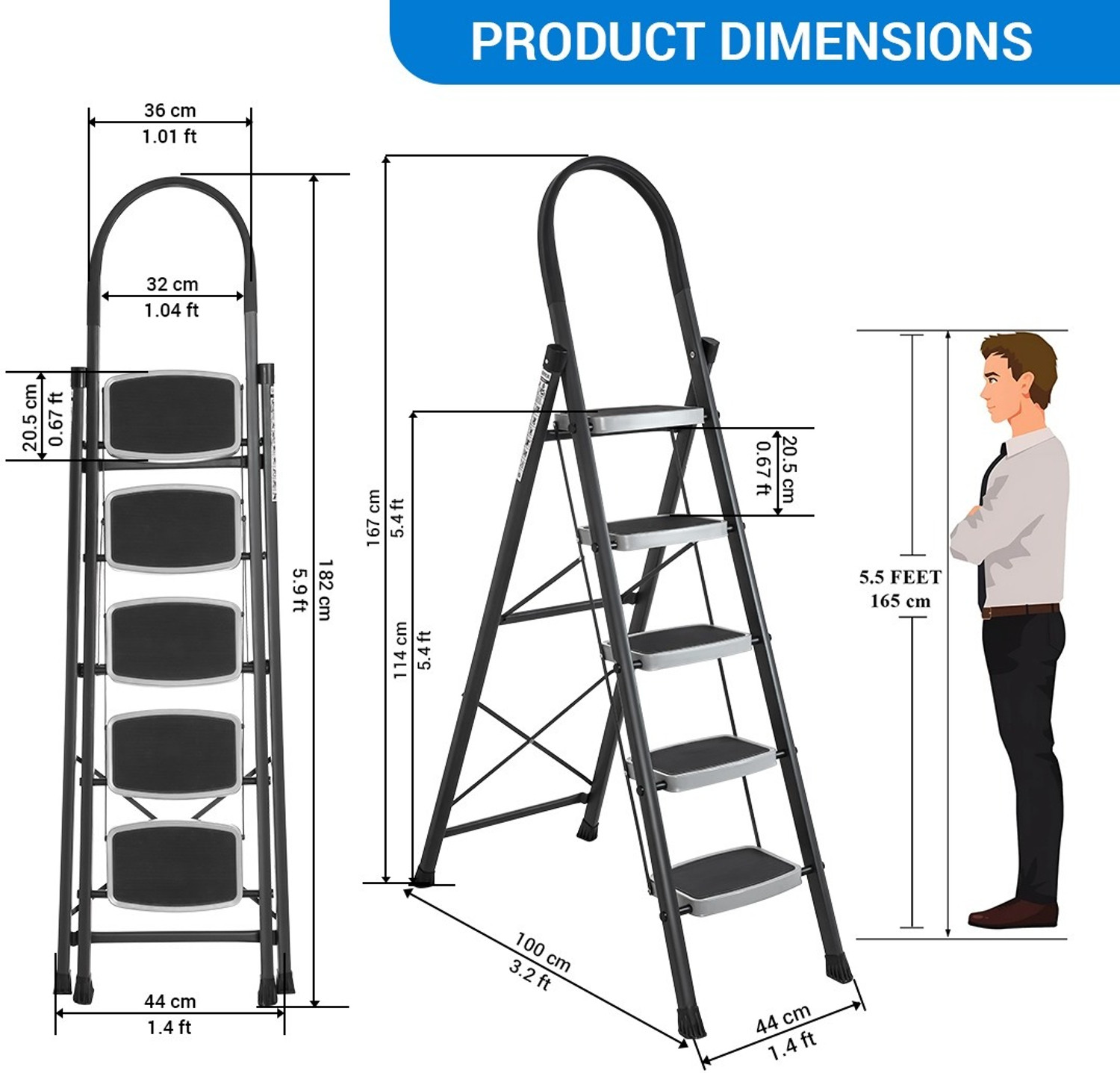 Image of Flipkart SmartBuy Flipkart SmartBuy Anti-Skid Strong Foldable Wide 5 Step Ladder for Home-Grey Steel Ladder