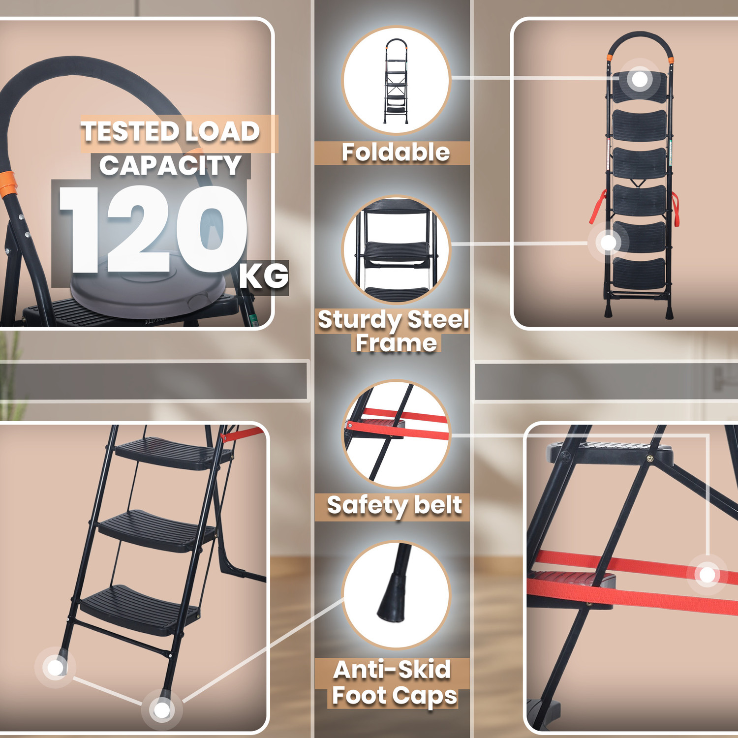 Image of FLIPZON Cameo 6-Step Heavy Duty Foldable Ladder for Home with Anti Skid Shoes Steel Ladder (With Platform, Hand Rail)
