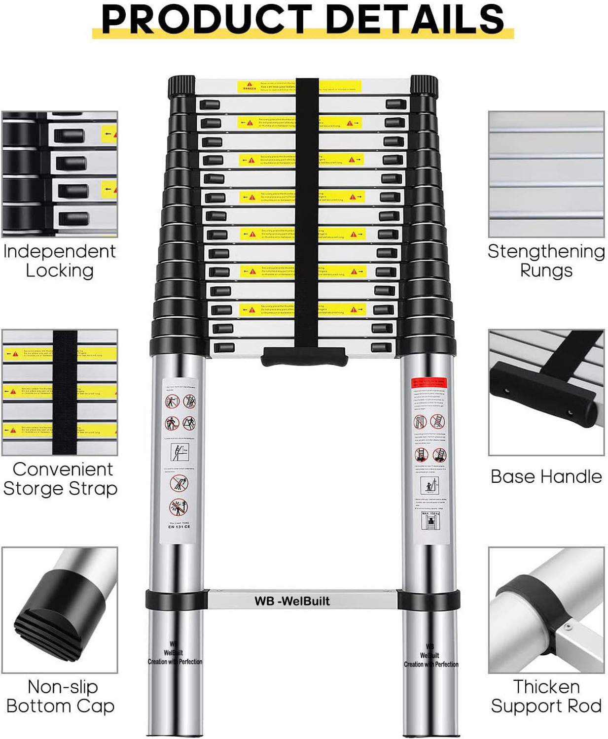 Image of WB WELBUILT 20.5 FT (6.2Meter) Aluminium Telescopic Ladder For Home & Outdoor 16 Steps Aluminium Ladder