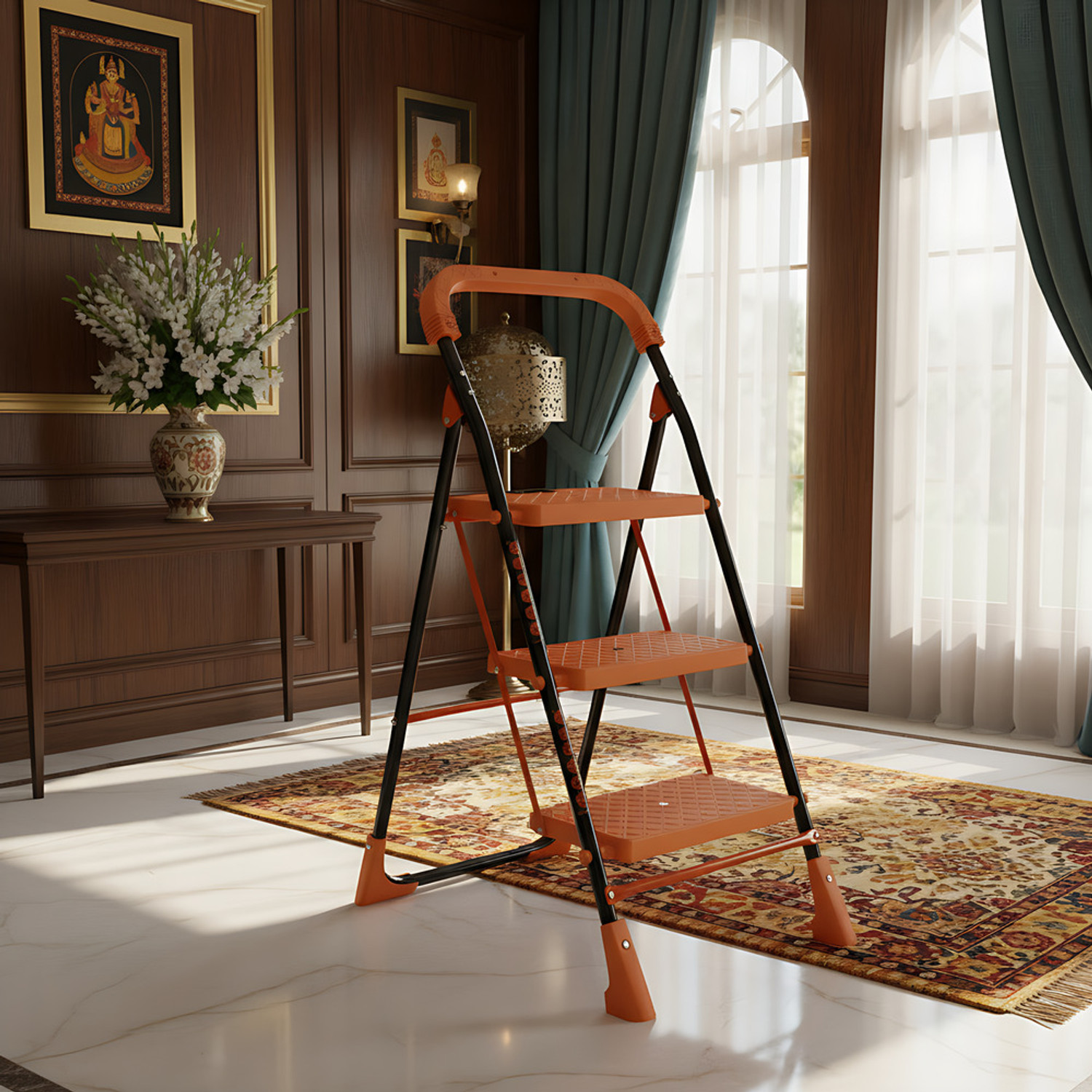 Image of PARASNATH 3 Step Ladder Heavy Duty Folding Ladder with Wide Steps Steel Ladder