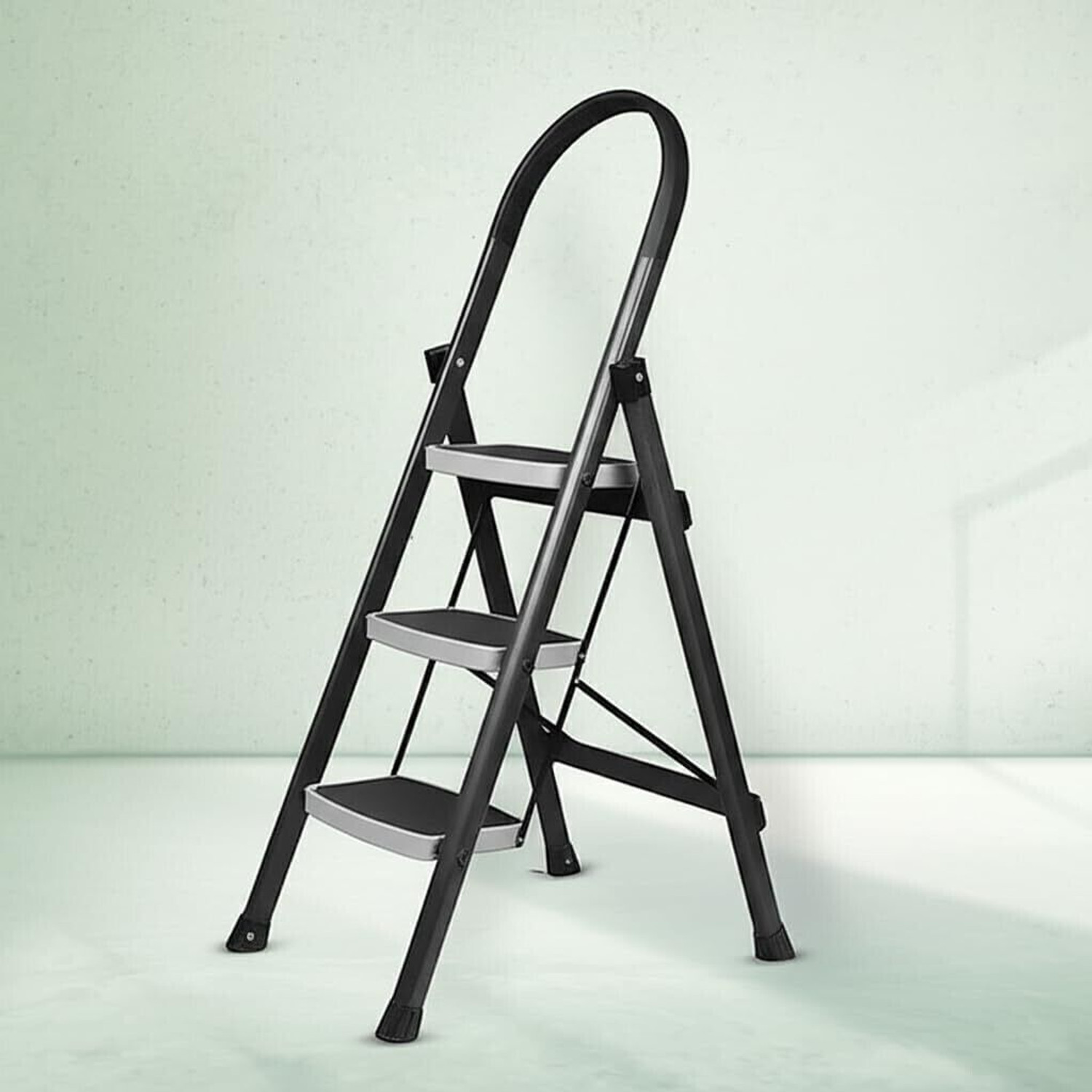 Image of Frap Foldable 3-Step Steel Ladder with Hand Grip & Anti-Slip Wide Steps - Durable Steel Ladder