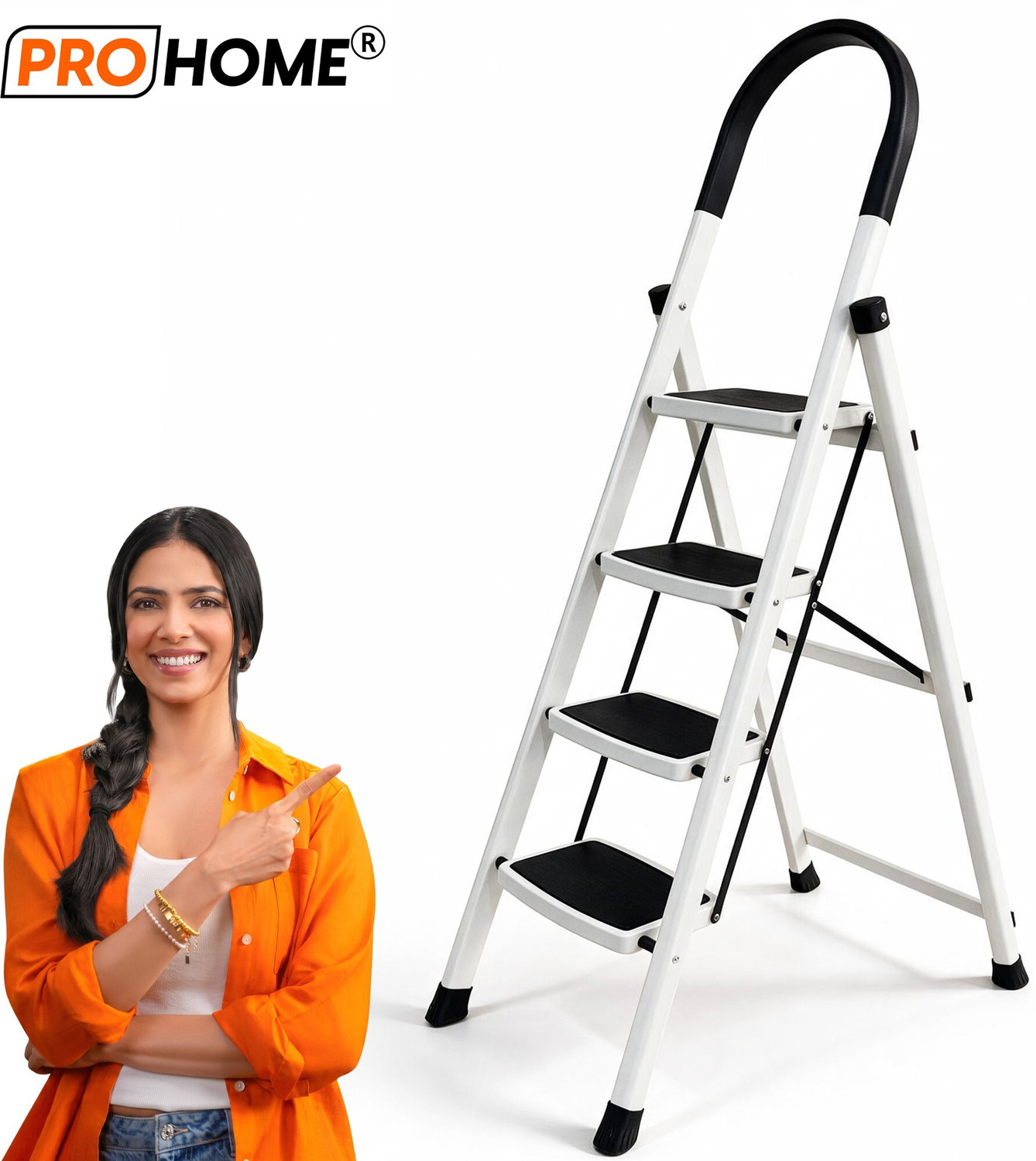 Image of ProHome Vetro 4 Step Foldable Steel Ladder for Home with Anti-Slip Shoes Steel Ladder