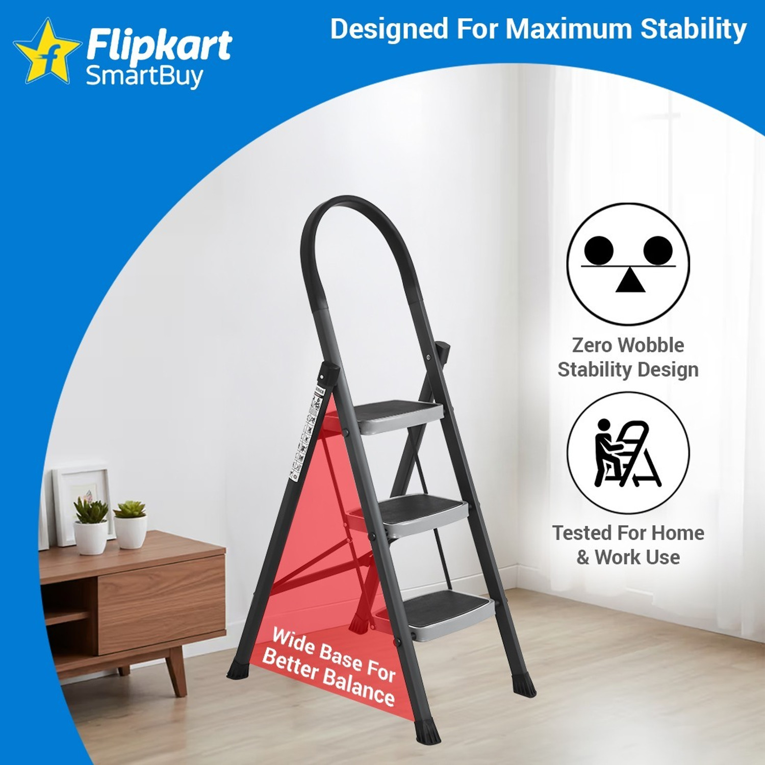 Image of Flipkart SmartBuy Anti-Skid Strong Foldable Wide 3 Step Ladder for Home-Grey Steel Ladder
