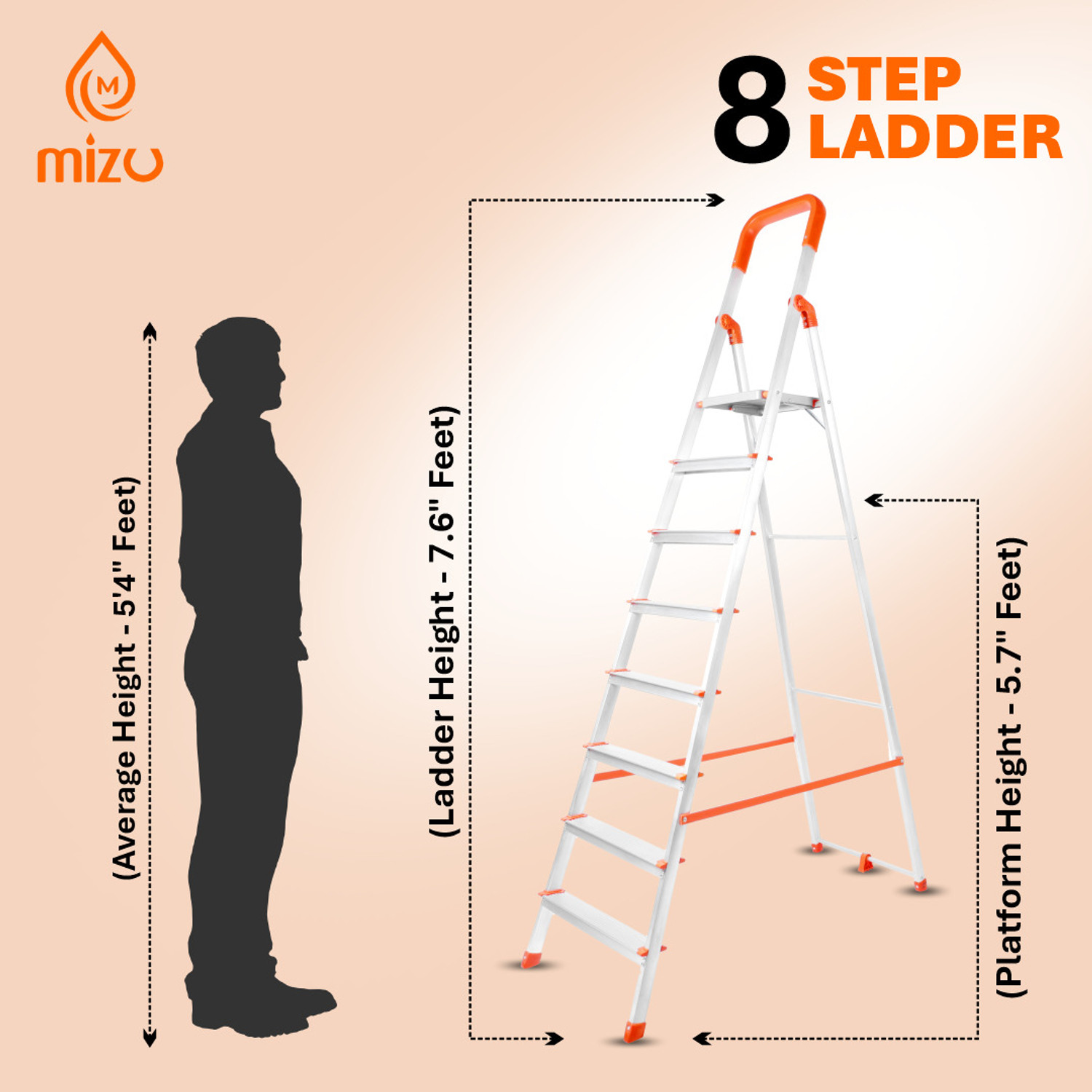 Image of Mizu Exel 8 Steps Ladder For Home With Aluminium Steps & Upto 300 Kgs Load Capacity Steel Ladder
