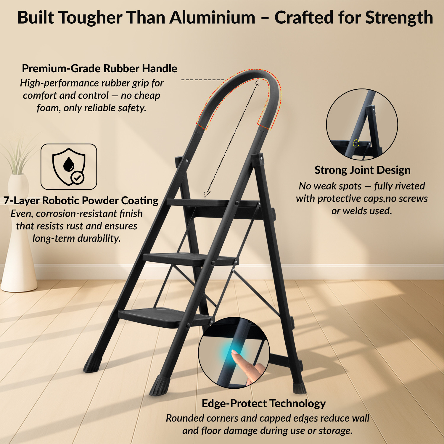Image of Plantex Step Ladder for Home /Foldable 3 Step Ladder /Anti Skid Wide Step Ladder Steel Ladder