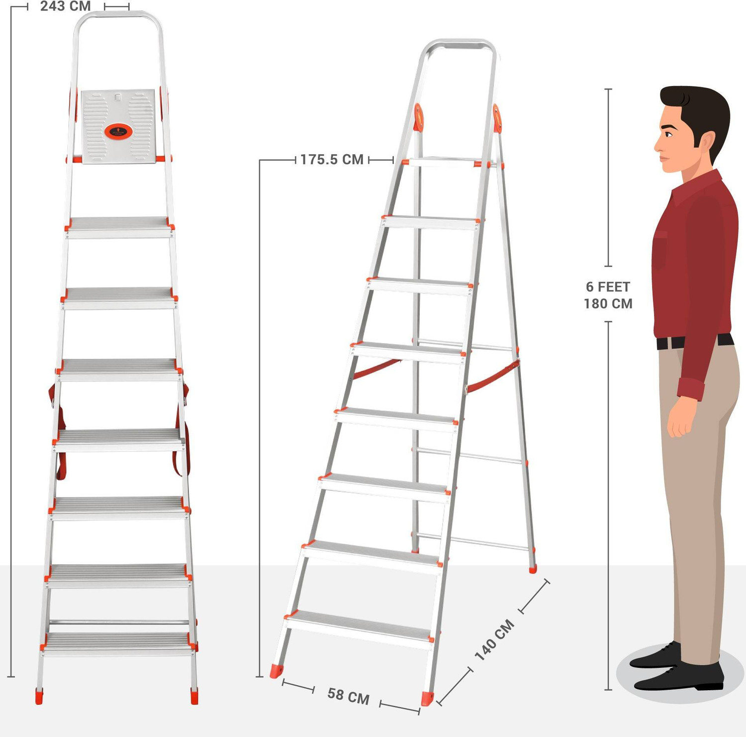 Image of Bathla Advance 8-Step Foldable Aluminium Ladder for Home | Orange | 5-Year Warranty Aluminium Ladder