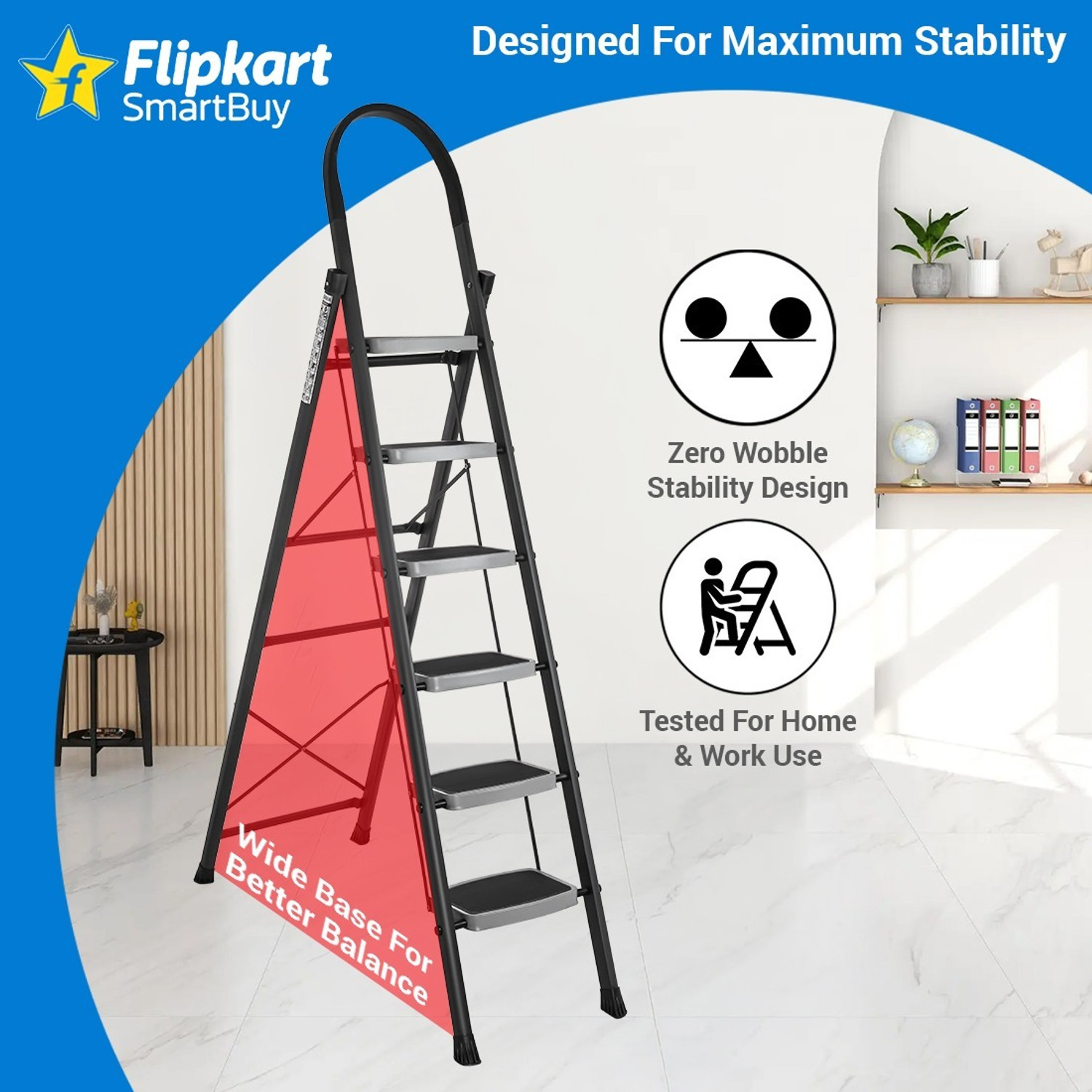 Image of Flipkart SmartBuy Anti-Skid Strong Foldable Wide 6 Step Ladder for Home-Grey Steel Ladder