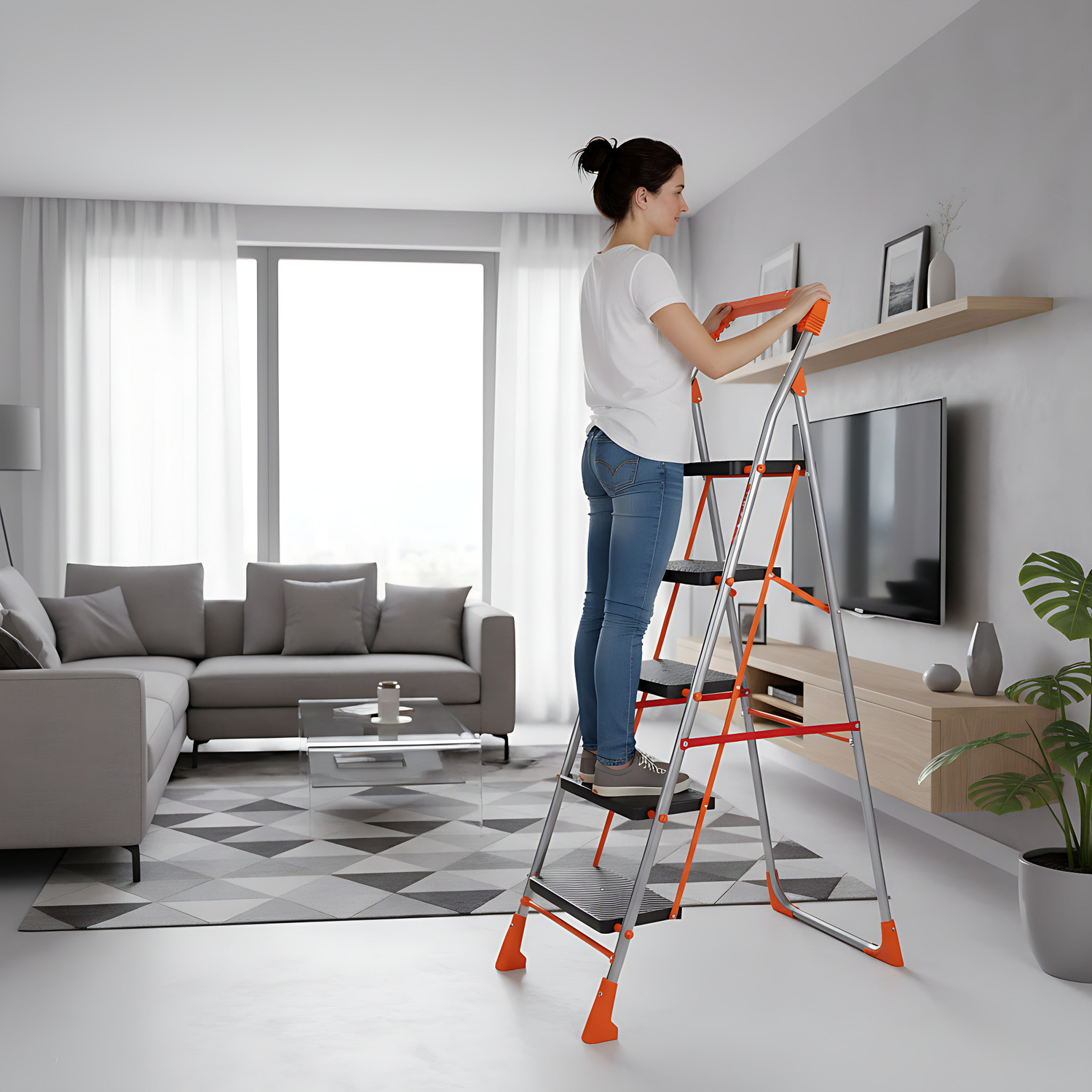 Image of PARASNATH 5 Steps Orange Diamond Heavy Folding Ladder with Wide Steps 5.1 FT Mild Steel Ladder