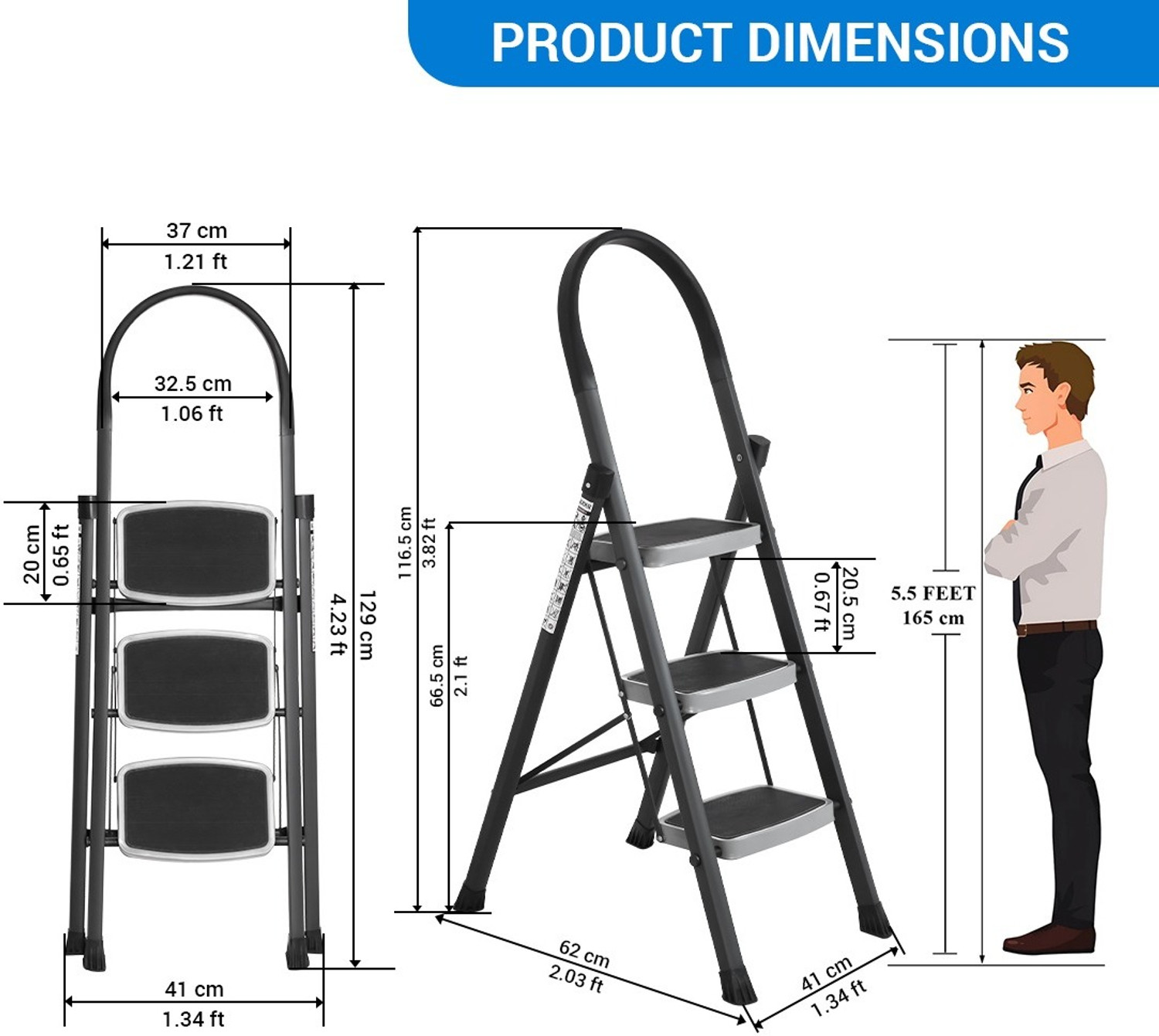 Image of Flipkart SmartBuy Anti-Skid Strong Foldable Wide 3 Step Ladder for Home-Grey Steel Ladder