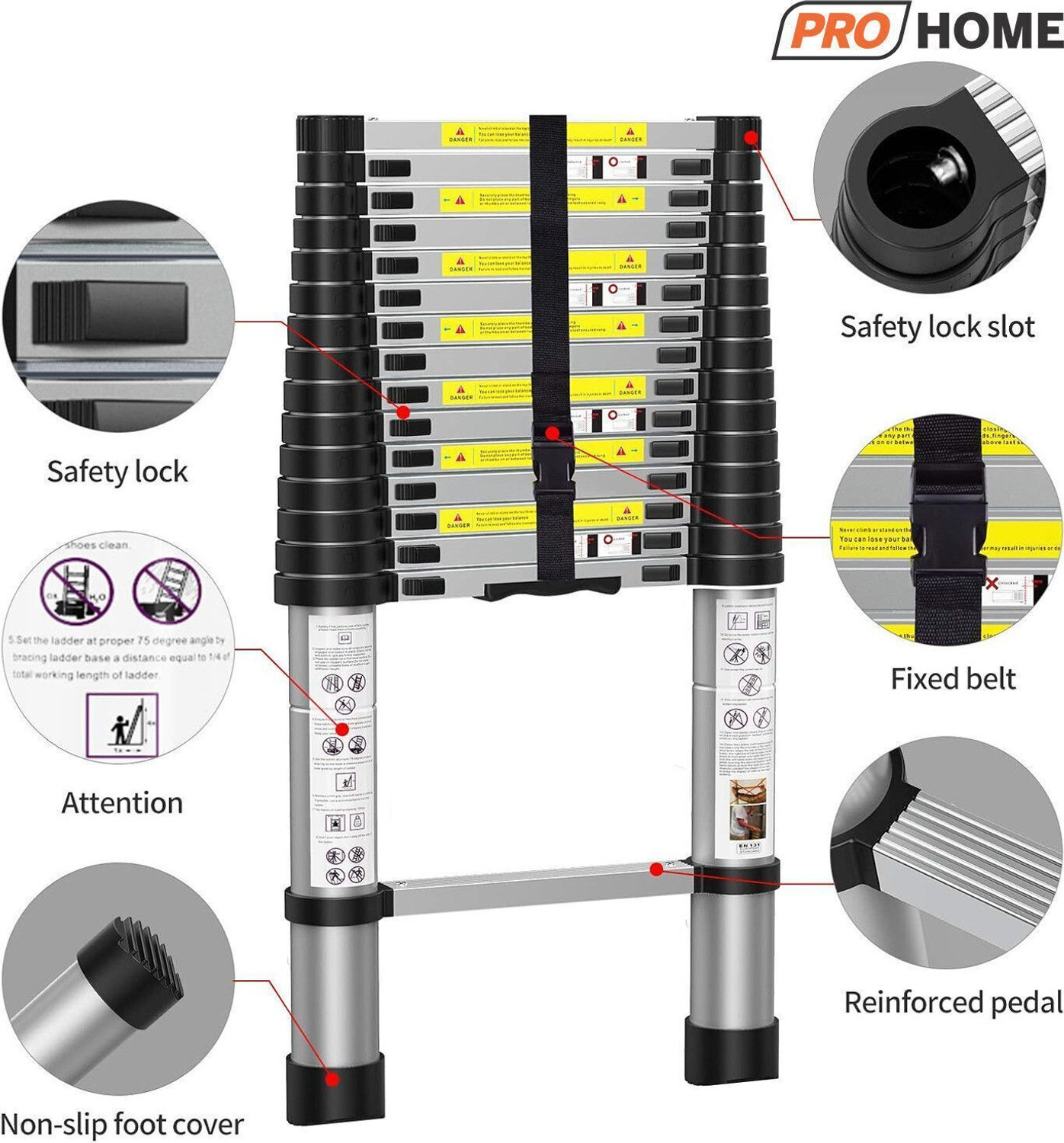 Image of ProHome 5.1 Meter (16.73 feet) Portable & Compact 13-Steps Foldable Telescopic Carbon Steel Ladder