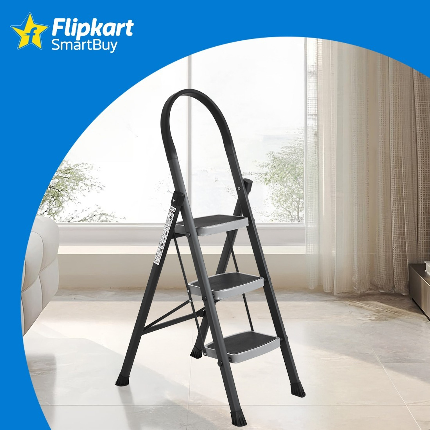 Image of Flipkart SmartBuy Anti-Skid Strong Foldable Wide 3 Step Ladder for Home-Grey Steel Ladder