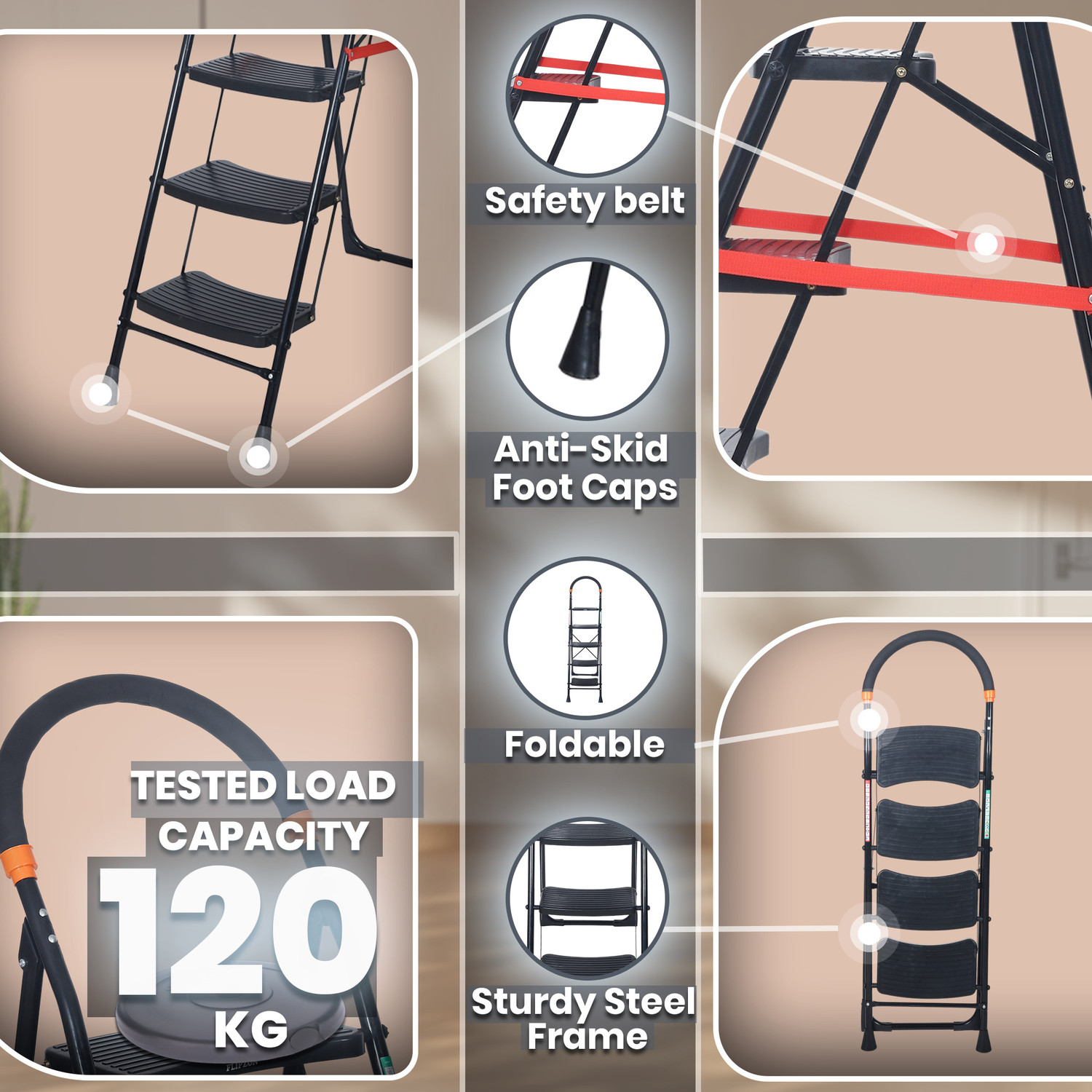 Image of FLIPZON Cameo 4-Step Heavy Duty Foldable Ladder for Home with Anti Skid Shoes Steel Ladder
