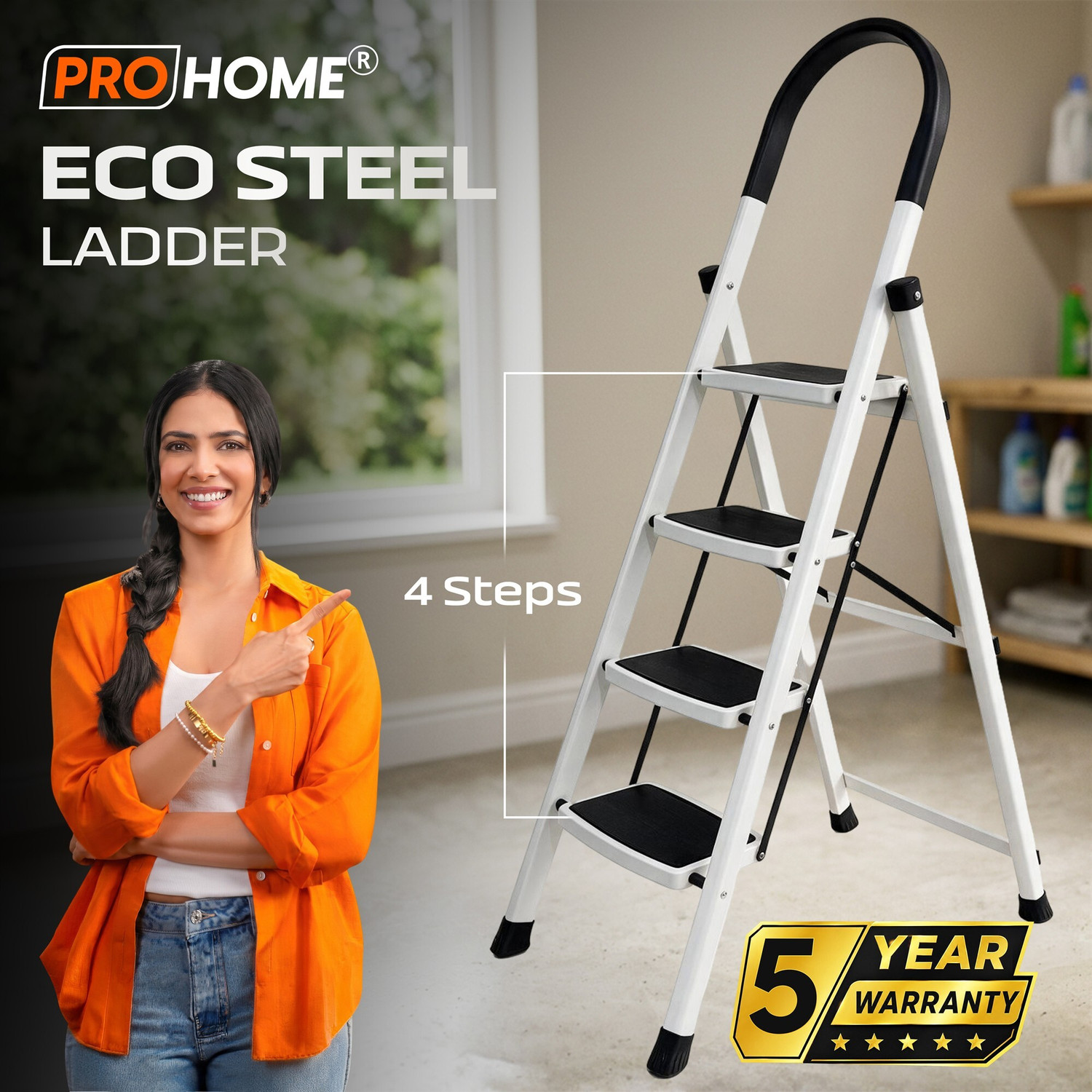 Image of ProHome Vetro 4 Step Foldable Steel Ladder for Home with Anti-Slip Shoes Steel Ladder