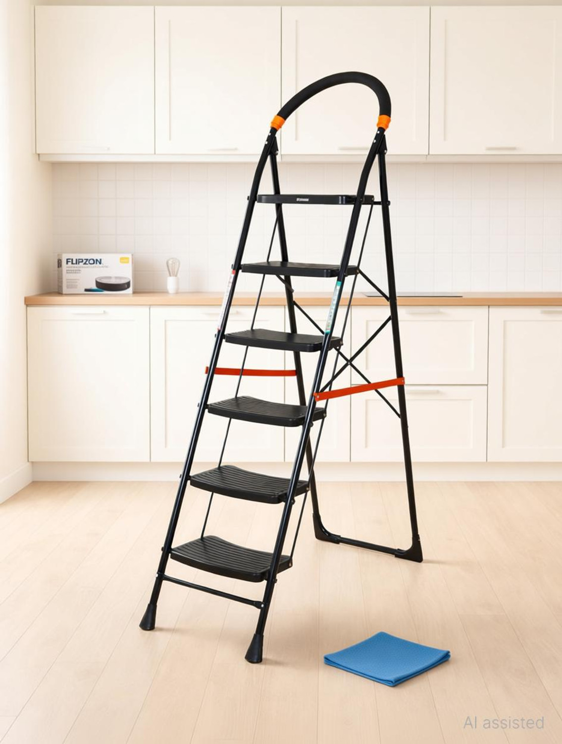 Image of FLIPZON Cameo 6-Step Heavy Duty Foldable Ladder for Home with Anti Skid Shoes Steel Ladder (With Platform, Hand Rail)