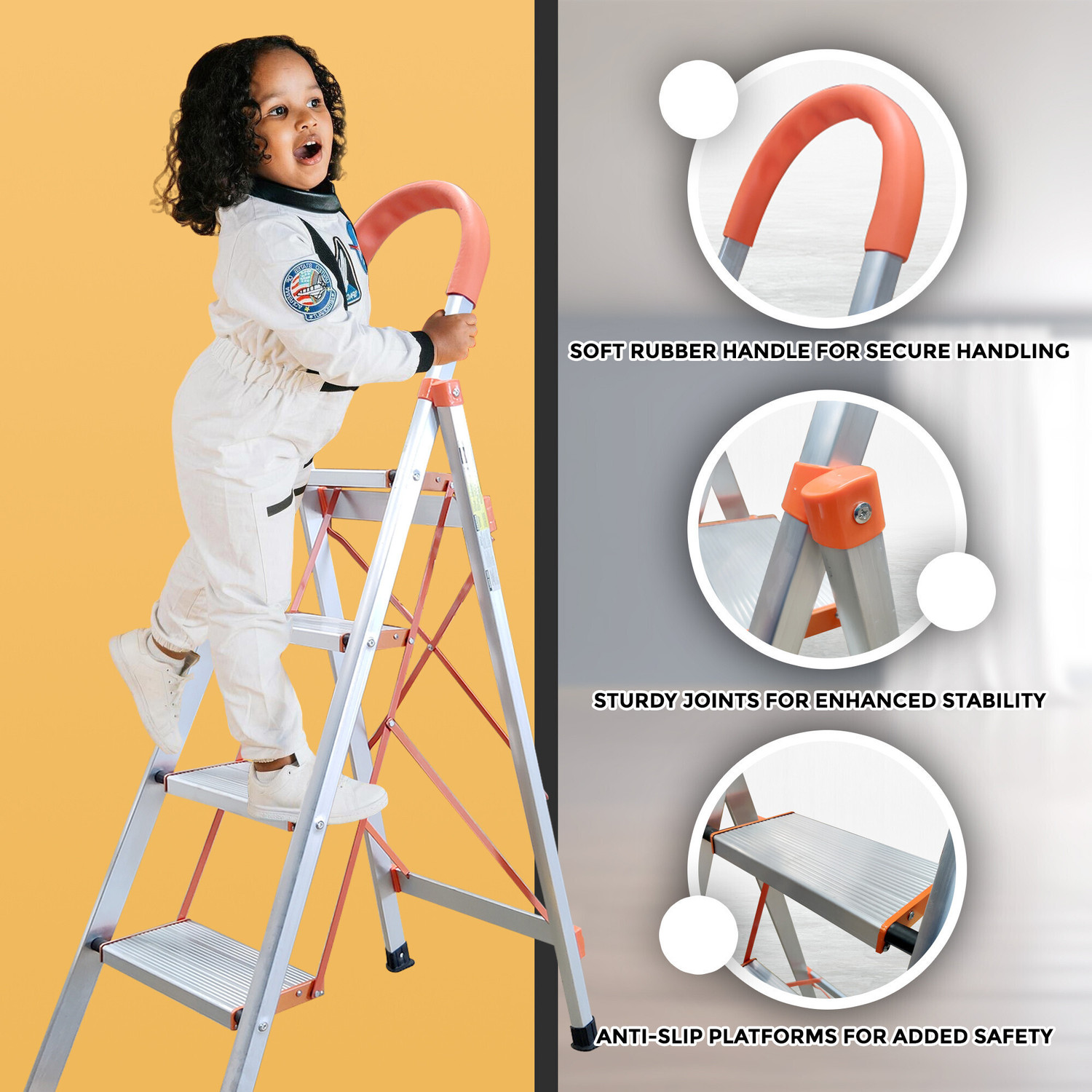 Image of iBELL IBL JY104 4-Step Heavy-Duty Foldable Aluminium Ladder, Anti-Slip Wide Pedals Aluminium Ladder