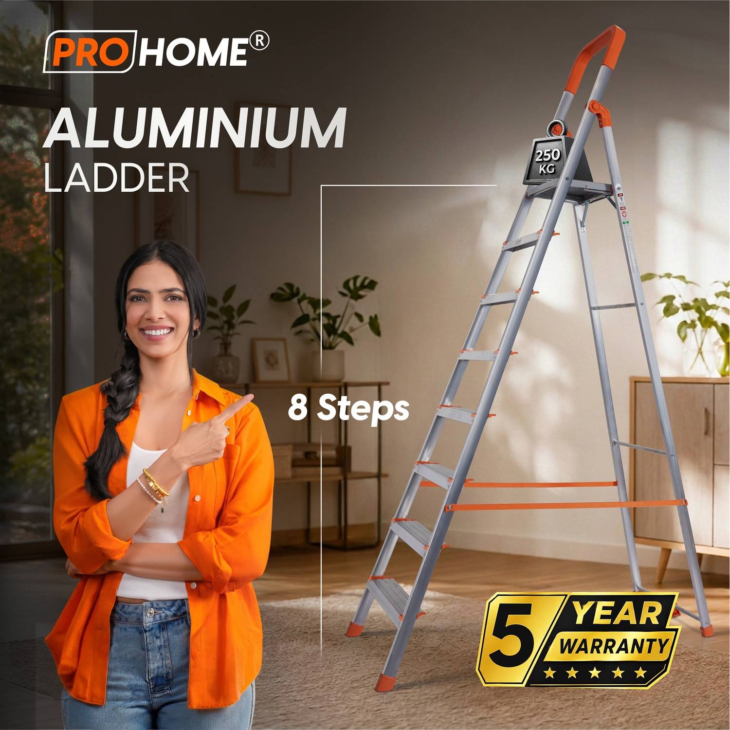 ProHome 8 Steps Aluminium Ladder with Anti Slip Shoes - Image 2