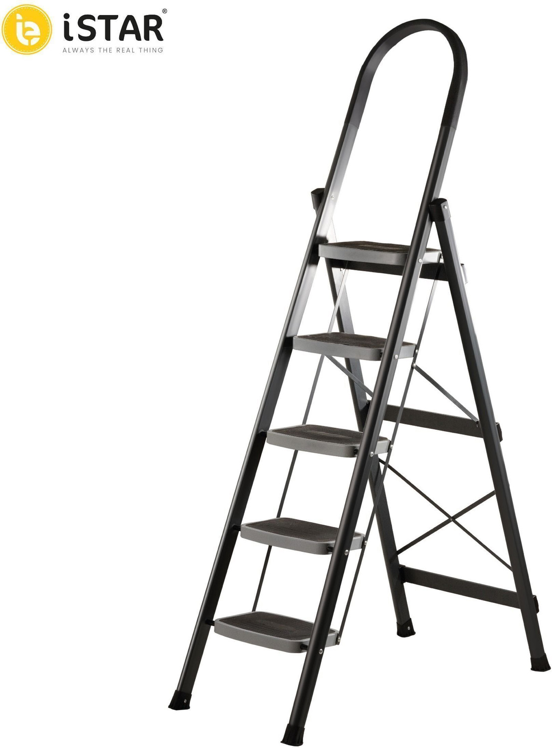 Image of iSTAR Foldable 5-Step Steel Ladder with Hand Grip & Anti-Slip Wide Steps - Durable Steel Ladder