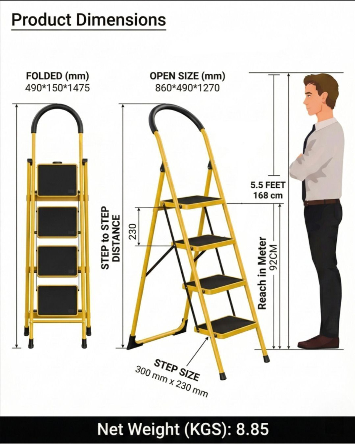 Image of doodad - SAFE 4 Step Yellow Foldable Ladder with Wide Anti-Skid Steps for Home Office Steel Ladder