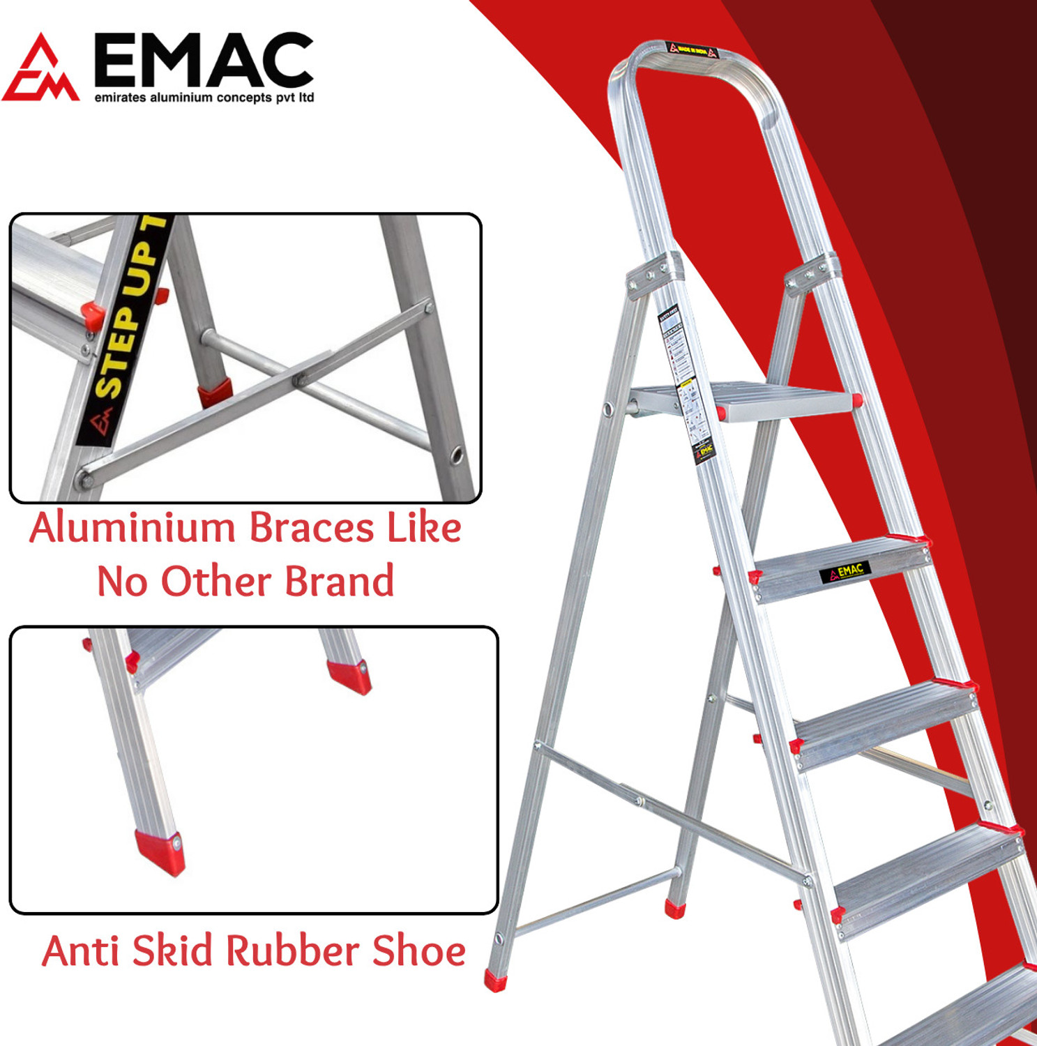 Image of EMAC Aluminium 8 Step 3 Inch Wide Step Ladder For Home And Office Use Aluminium Ladder