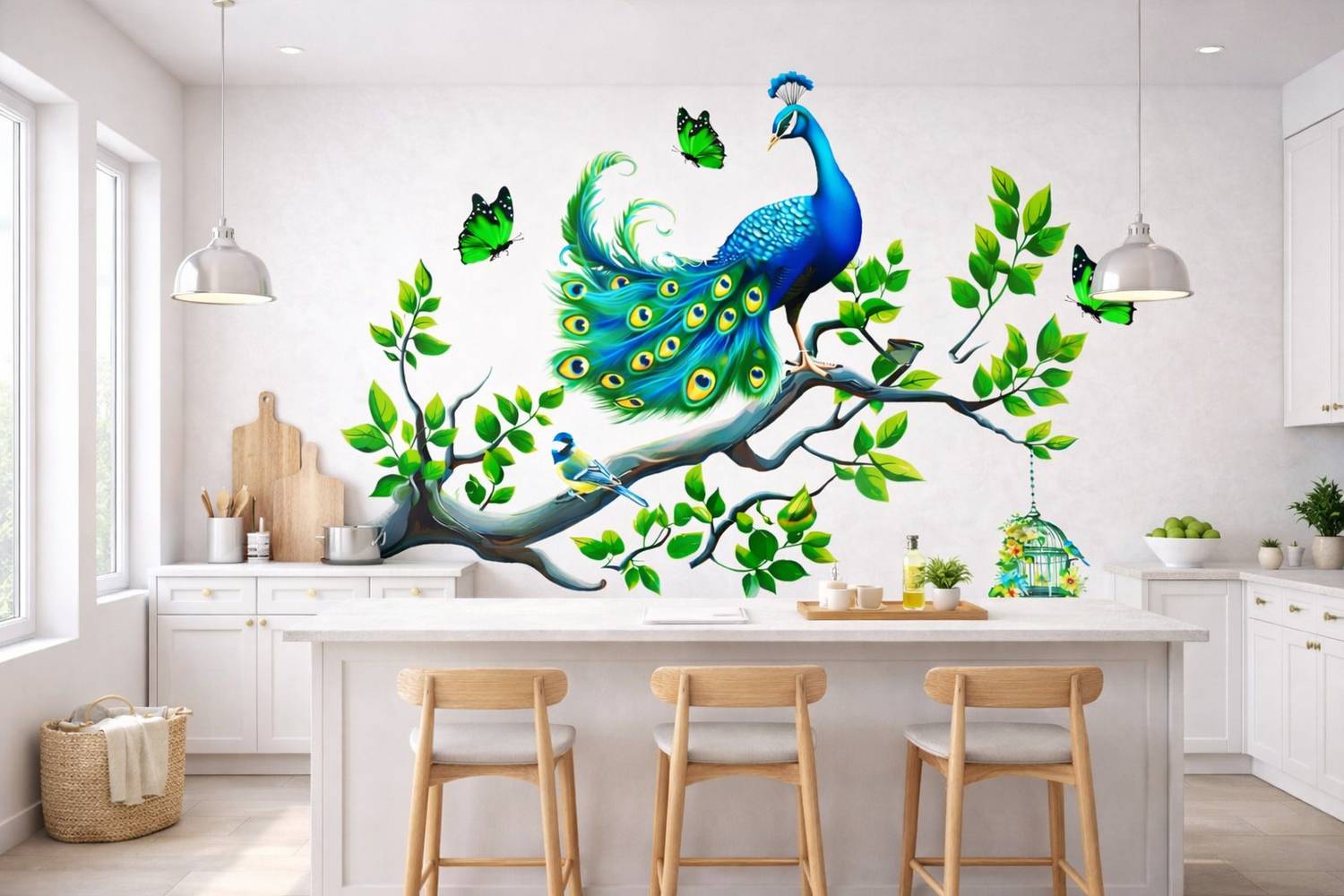 artisian inkwork 70 cm Colorful Peacock Hanging Lanterns Living Room Wall Sticker Self Adhesive Sticker