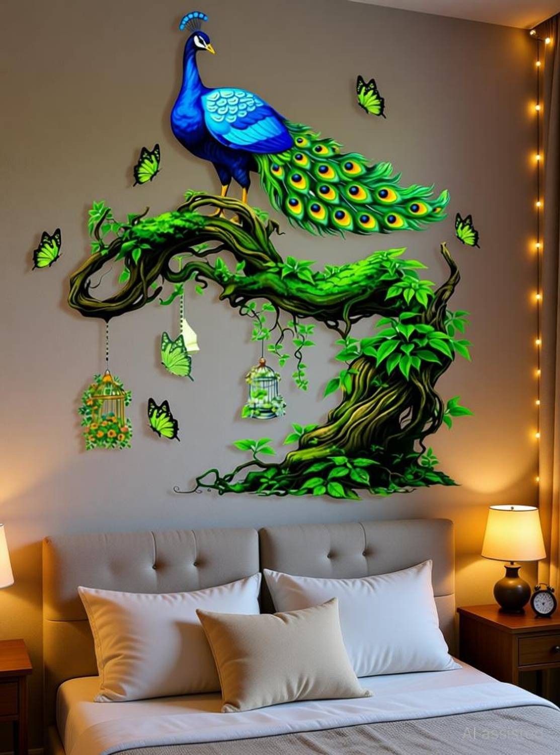 artisian inkwork 70 cm Colorful Peacock Hanging Lanterns Living Room Wall Sticker Home Decoration Self Adhesive Sticker