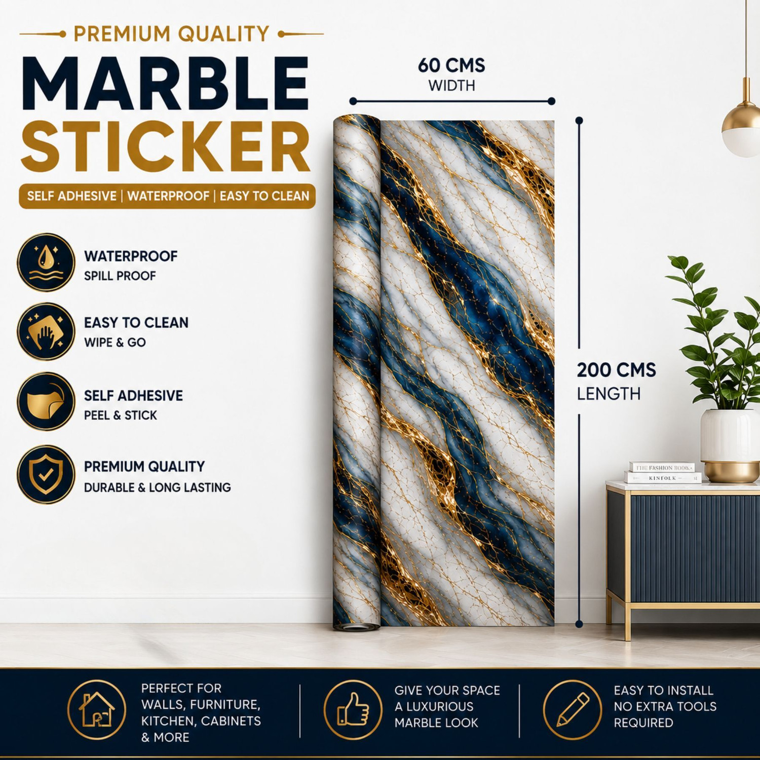 Image of Pamidhar 200 cm Marble Wallpaper Oil Proof Waterproof Self Adhesive Removable Wallpaper (2M) Self Adhesive Sticker
