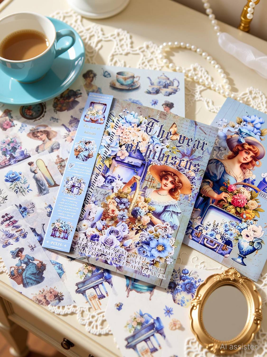 Alokik Enterprise 16.6 cm The Year of Hibiscus Theme Stickers Elegant Victorian Girl Scrapbook Self Adhesive Sticker