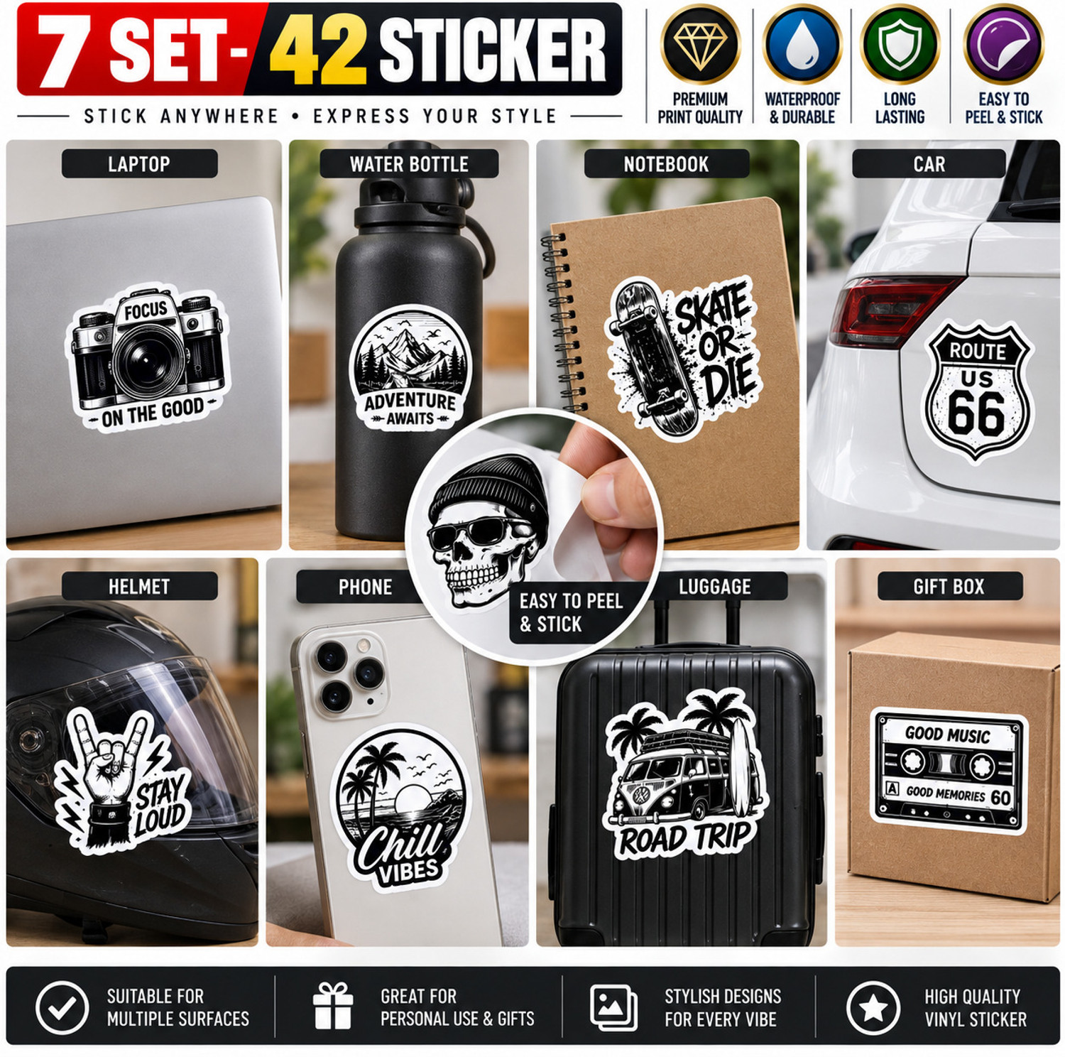 Image of CeleBoxs 5 cm Retro Vintage Style Sticker | Premium Black Glossy | for Laptop, Bottle & More Self Adhesive Sticker