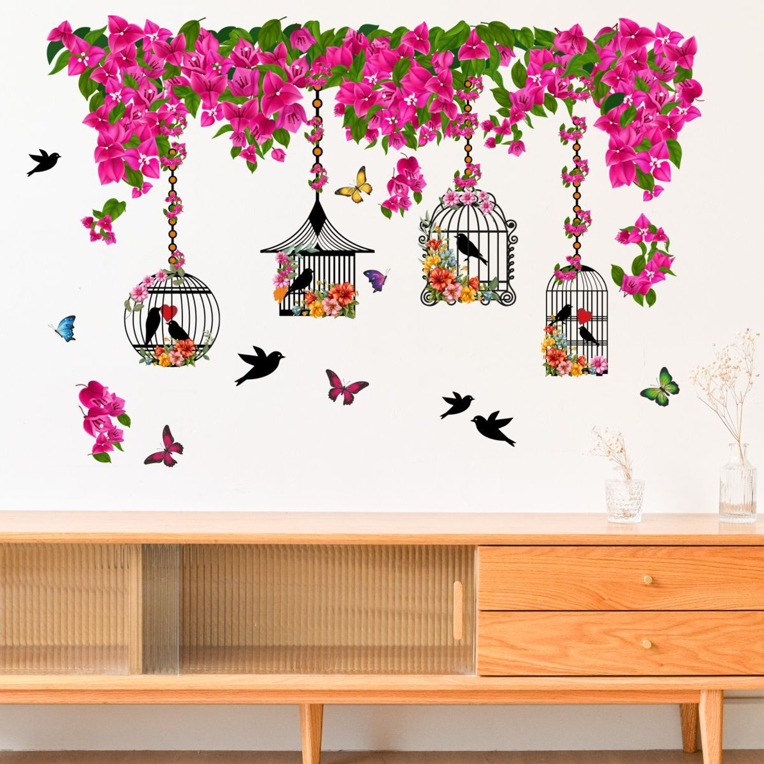 Image of Decal O Decal 60 cm Bird Cage With Pink Flowers & Butterflies Self Adhesive Sticker
