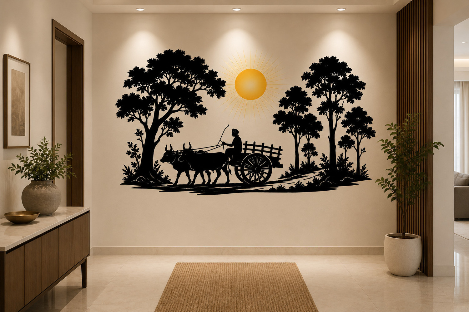 Image of RadhaCreations 36 inch Village Bullock Cart Wall Sticker Traditional Rural Scenery Wall Sticker Self Adhesive Sticker