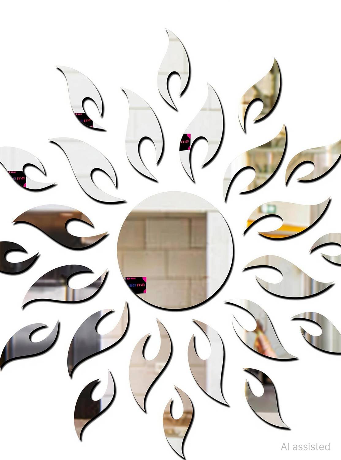 Bikri Kendra 100 cm sun silver with hexagon rings silver acrylic mirror wall stickers Self Adhesive Sticker