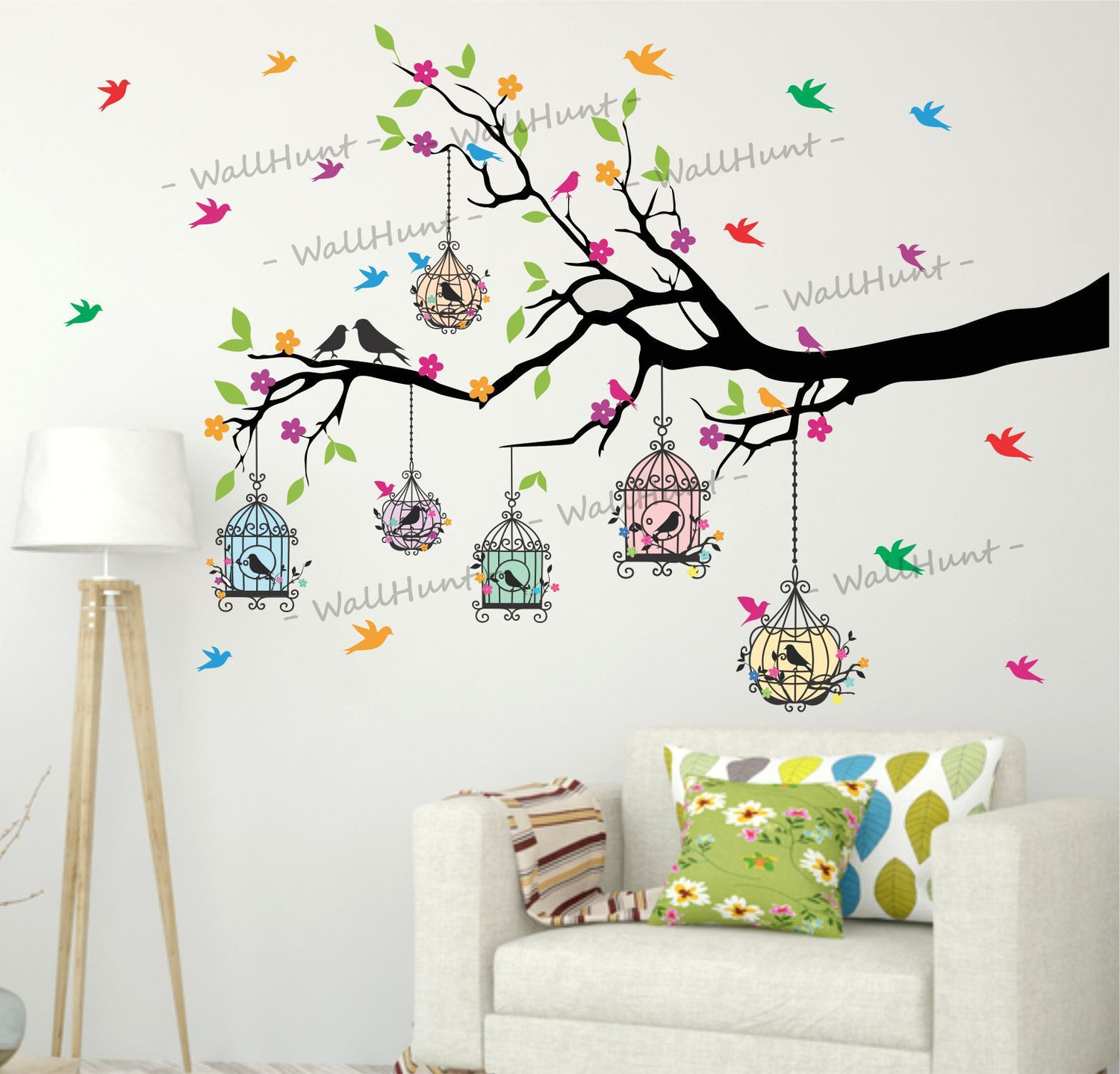 Image of WallHunt 127 cm PVC Vinyl Tree And Flowers Wall Sticker Self Adhesive Sticker (Pack of 1)