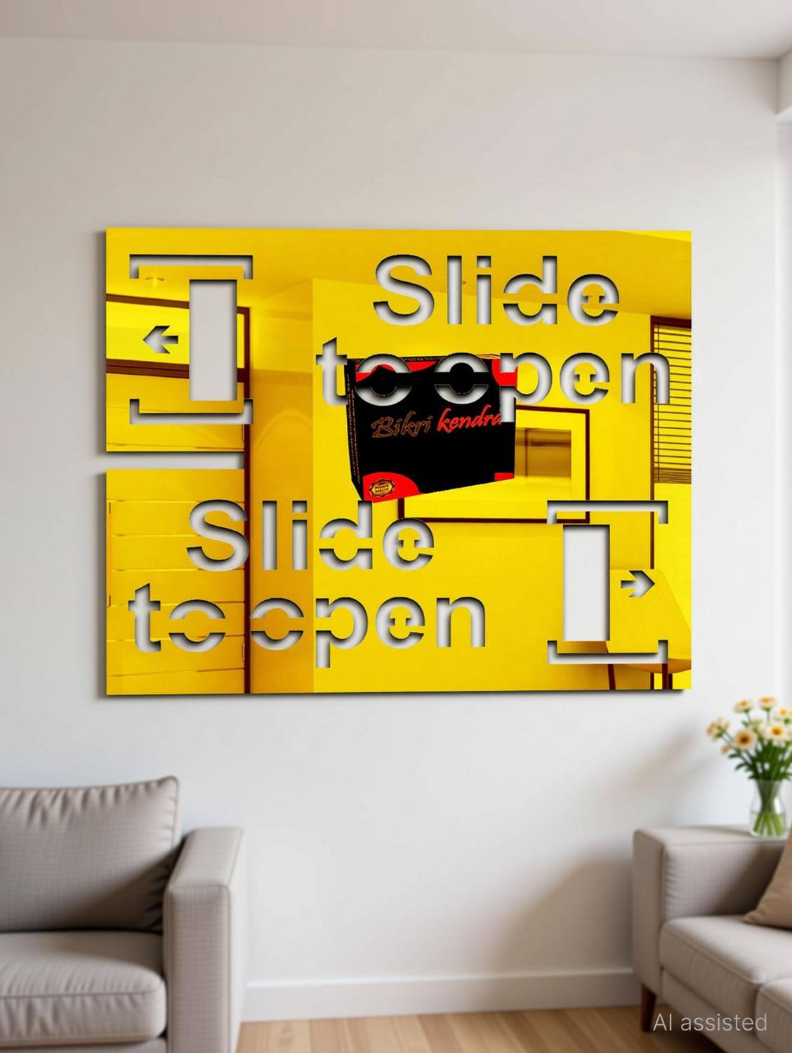 Bikri Kendra 100 cm slide to open golden sign board - 3D acrylic mirror stickers Self Adhesive Sticker