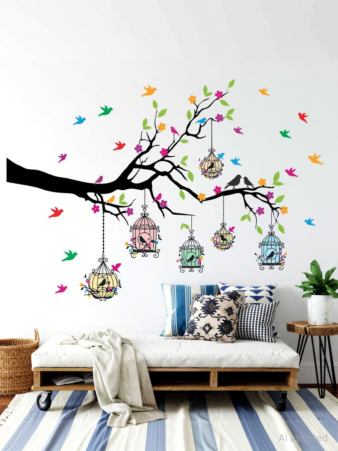 Image of WallHunt 127 cm PVC Vinyl Tree And Flowers Wall Self Adhesive Sticker (Pack of 1)