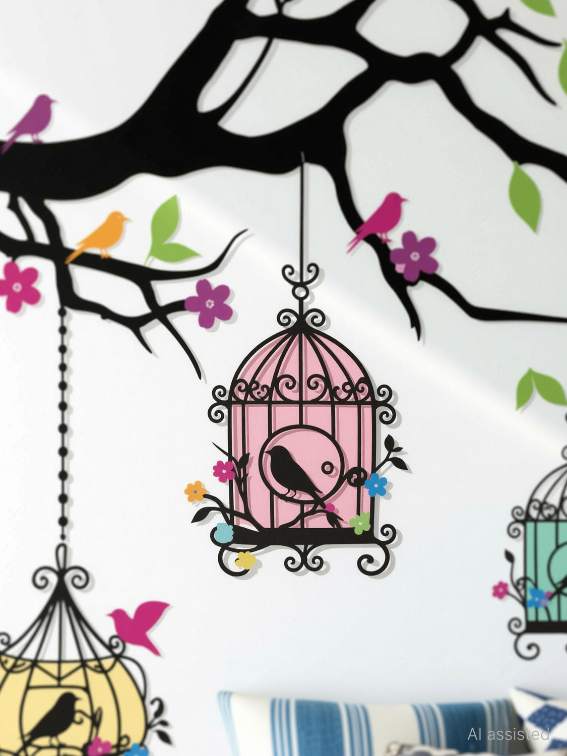 Image of WallHunt 127 cm PVC Vinyl Tree And Flowers Wall Self Adhesive Sticker (Pack of 1)