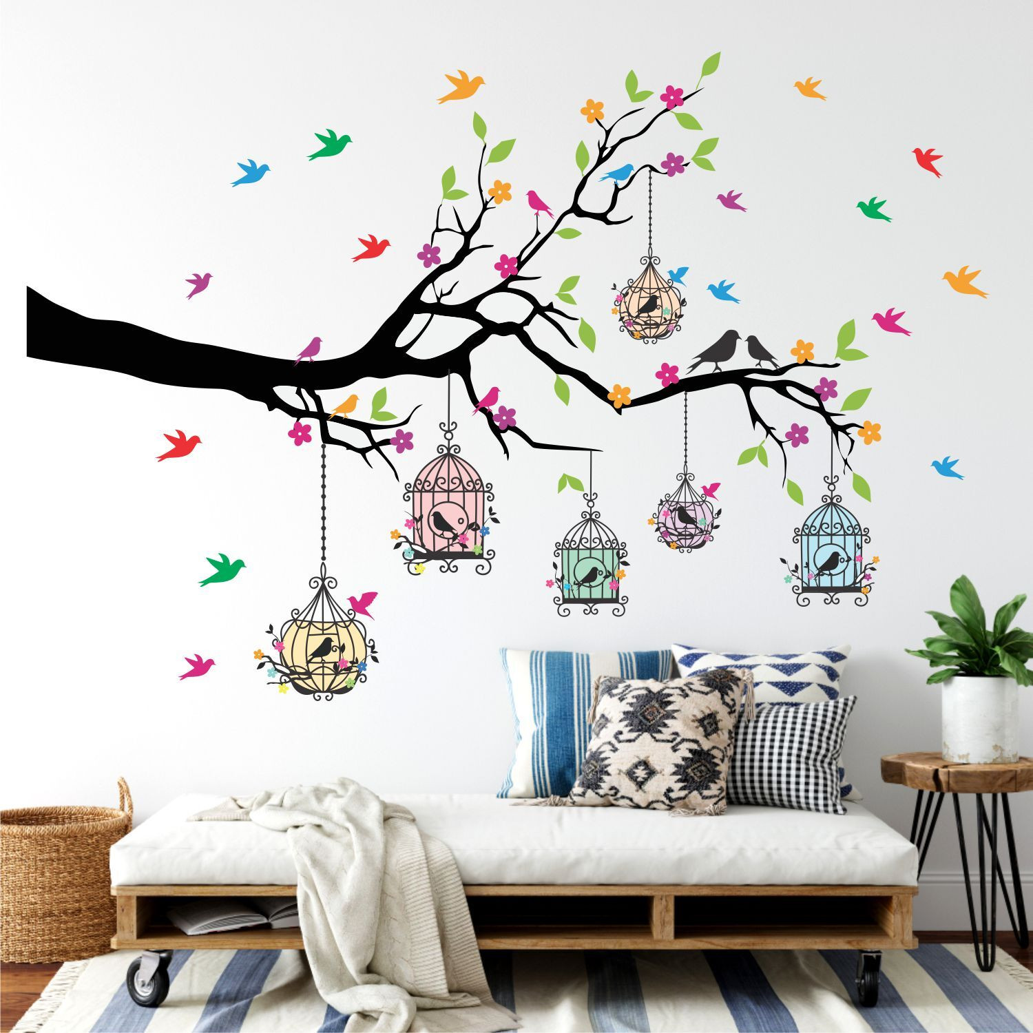 Image of WallHunt 127 cm PVC Vinyl Tree And Flowers Wall Self Adhesive Sticker (Pack of 1)