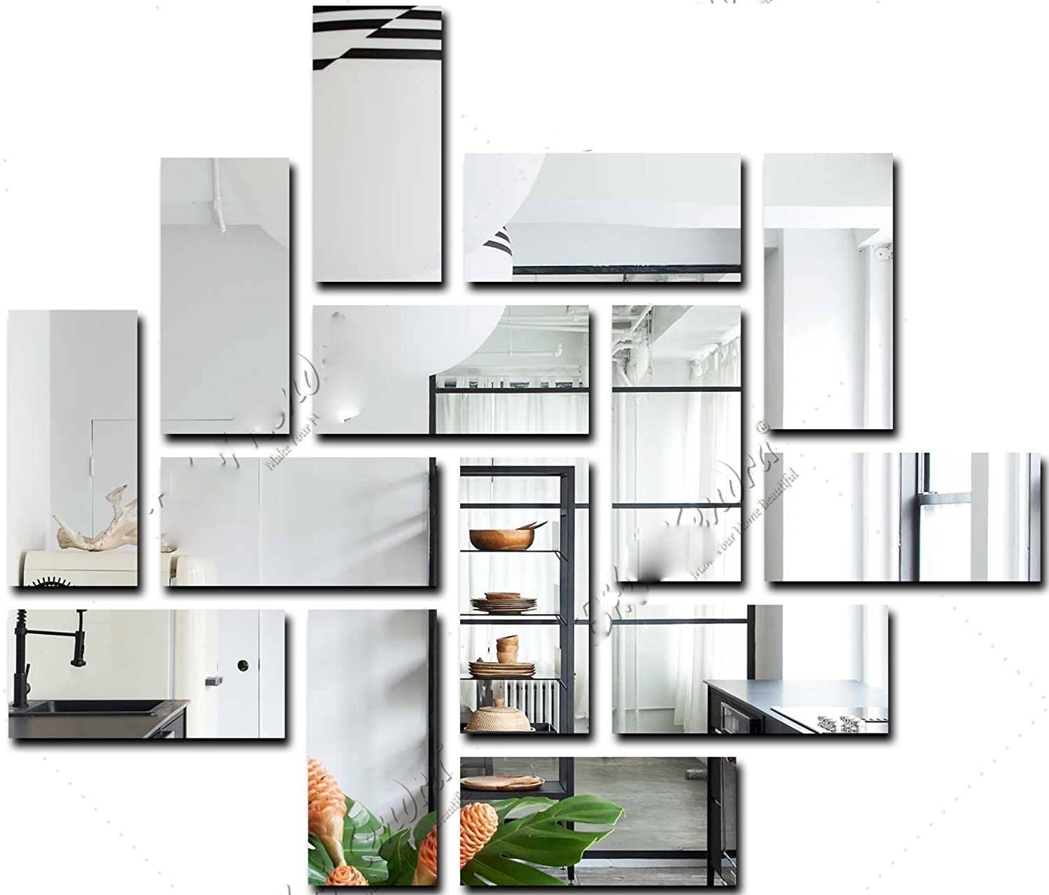 Bikri Kendra 15 cm Big Rectangle 14 Silver 3D Wall Mirror Stickers Decorative Acrylic Wall Sticker Self Adhesive Sticker