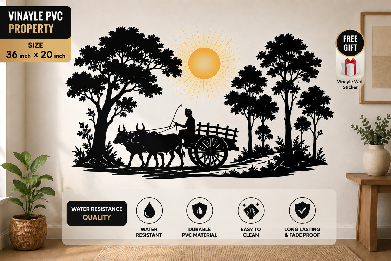 Image of RadhaCreations 36 inch Village Bullock Cart Wall Sticker Traditional Rural Scenery Wall Sticker Self Adhesive Sticker