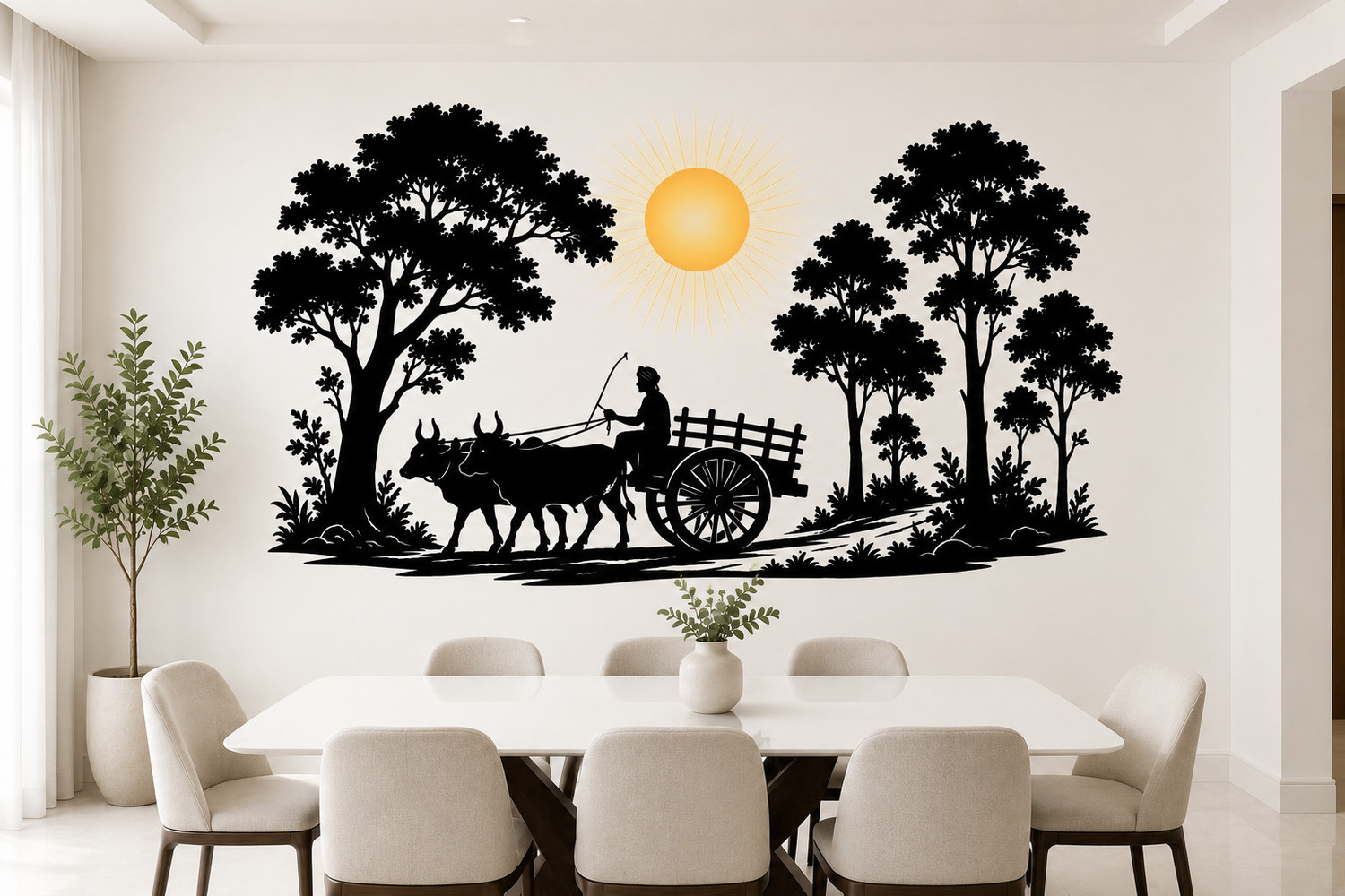 Image of RadhaCreations 36 inch Village Bullock Cart Wall Sticker Traditional Rural Scenery Wall Sticker Self Adhesive Sticker
