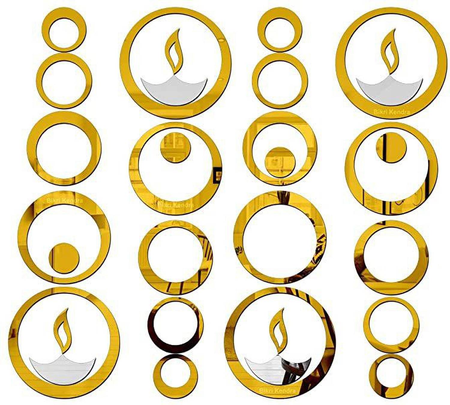 Bikri Kendra 14.4 cm 24 Rings Golden with 4 Silver Diya - 3D Glass Acrylic Sticker Self Adhesive Sticker