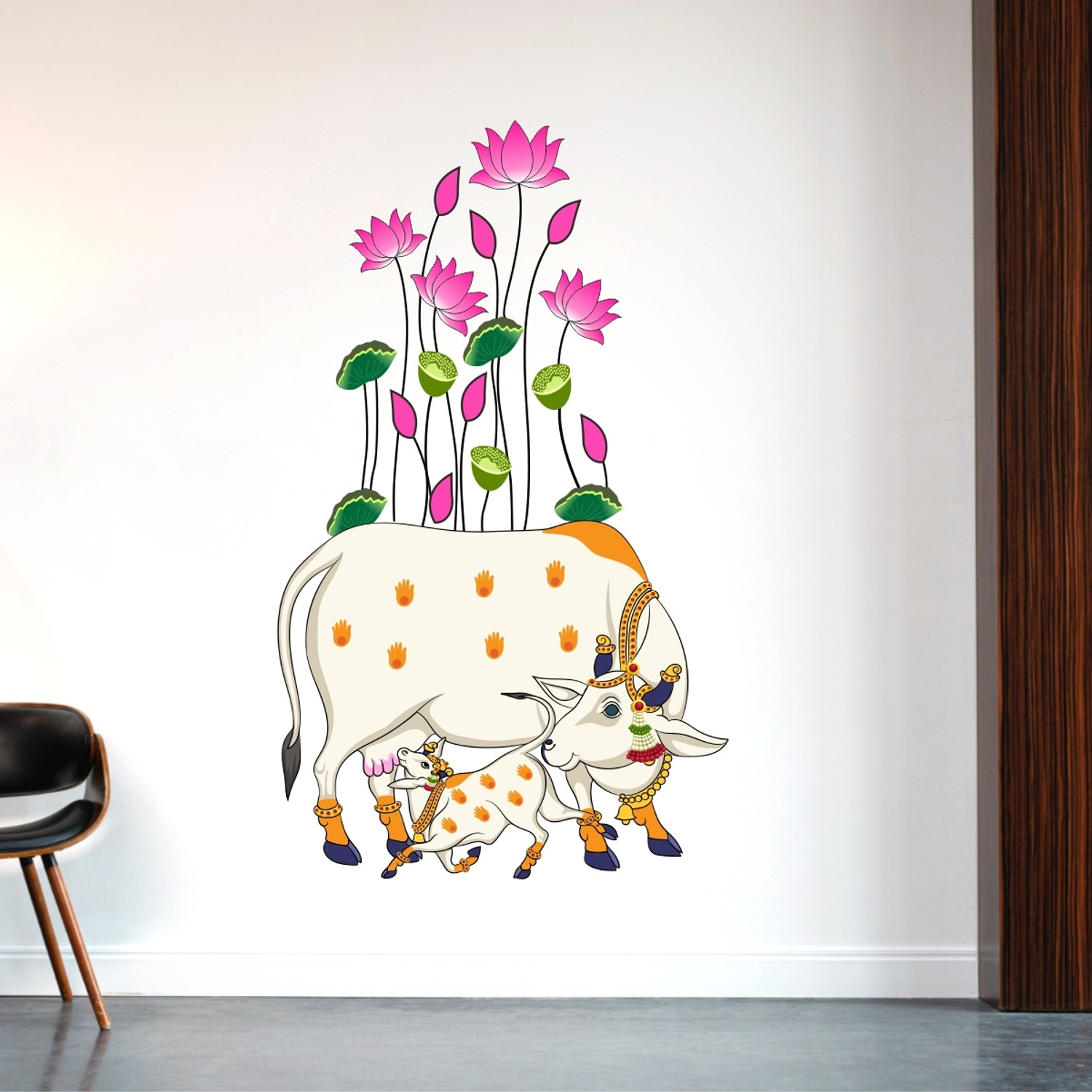 Image of rawpockets 100 cm Kamadhenu Cow and Calf with Lotus Self Adhesive Sticker