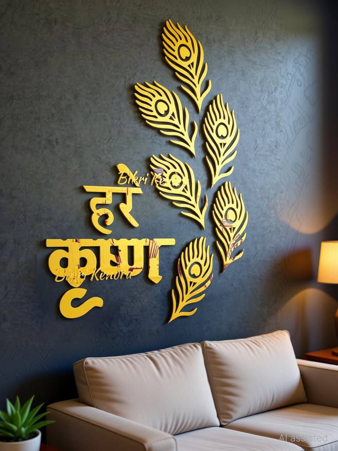 Bikri Kendra 23.1 cm Krishn with 6set Mor Pankh Golden Mirror Sticker for wall, Acrylic Sticker Self Adhesive Sticker