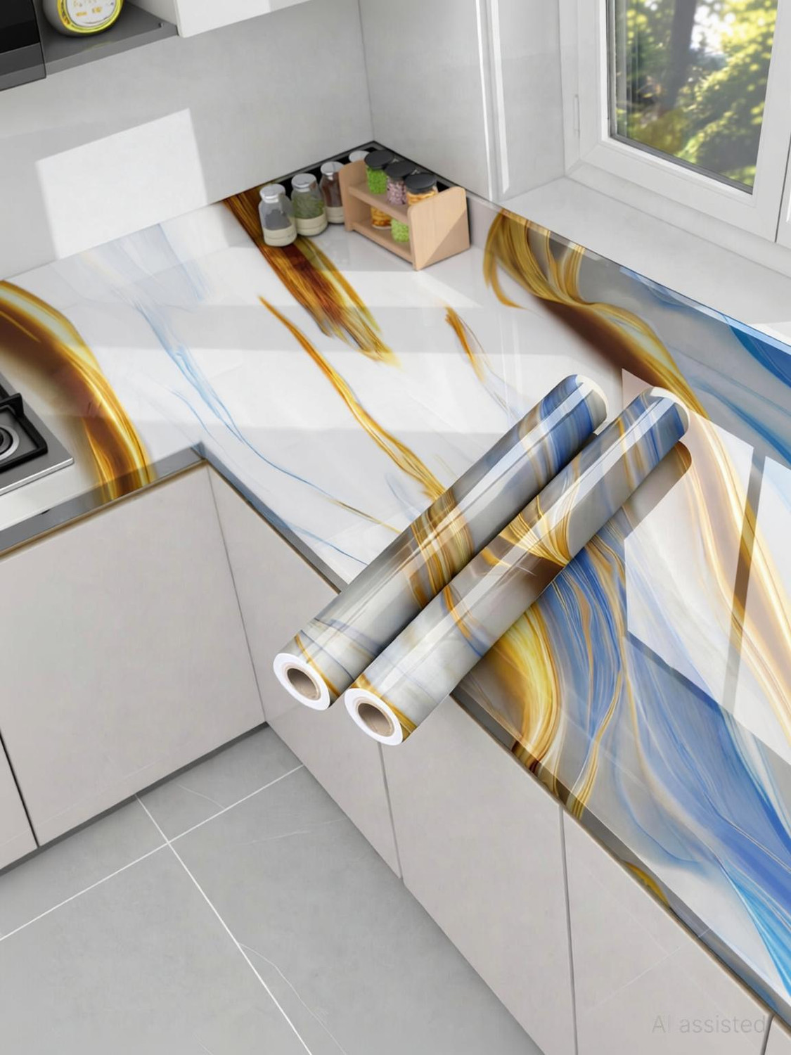 Image of voltify 200 cm Waterproof Wall Sticker For Kitchen & Home Decor - Glossy Marble Pattern Self Adhesive Sticker